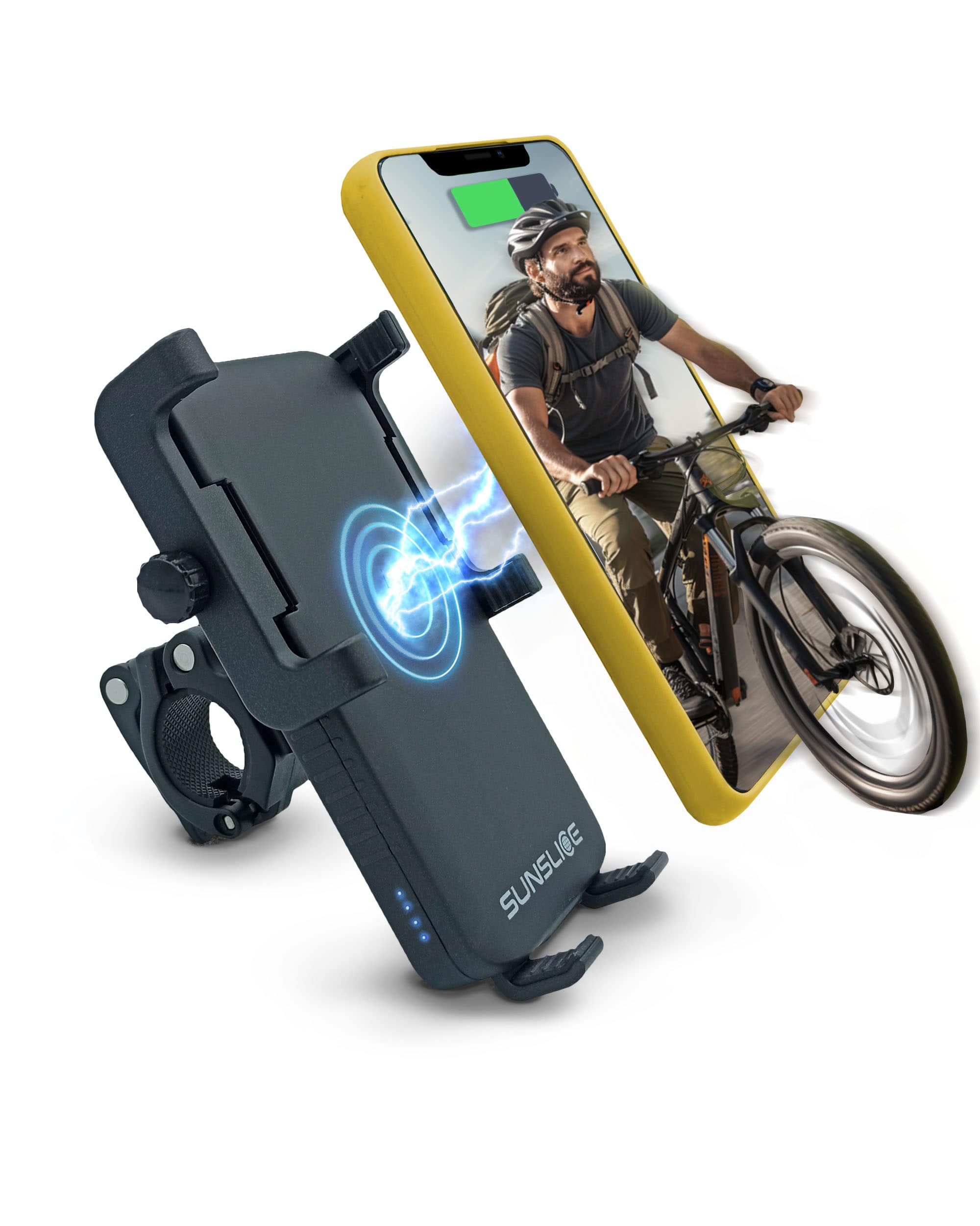 Bike and motorbike phone mount with integrated powerbank Cyclotron