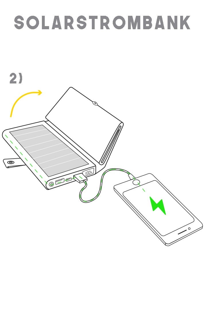 Zeigen Sie eine solar power bank , die geöffnet wird, um ein Telefon dank der integrierten Stromquelle zu laden.