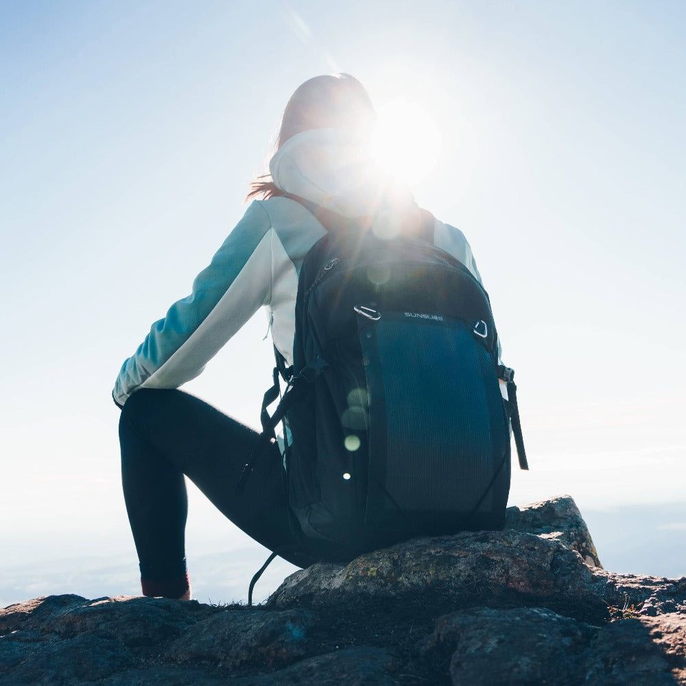 woman holding a solar panel for camping in the sun, seen from behind