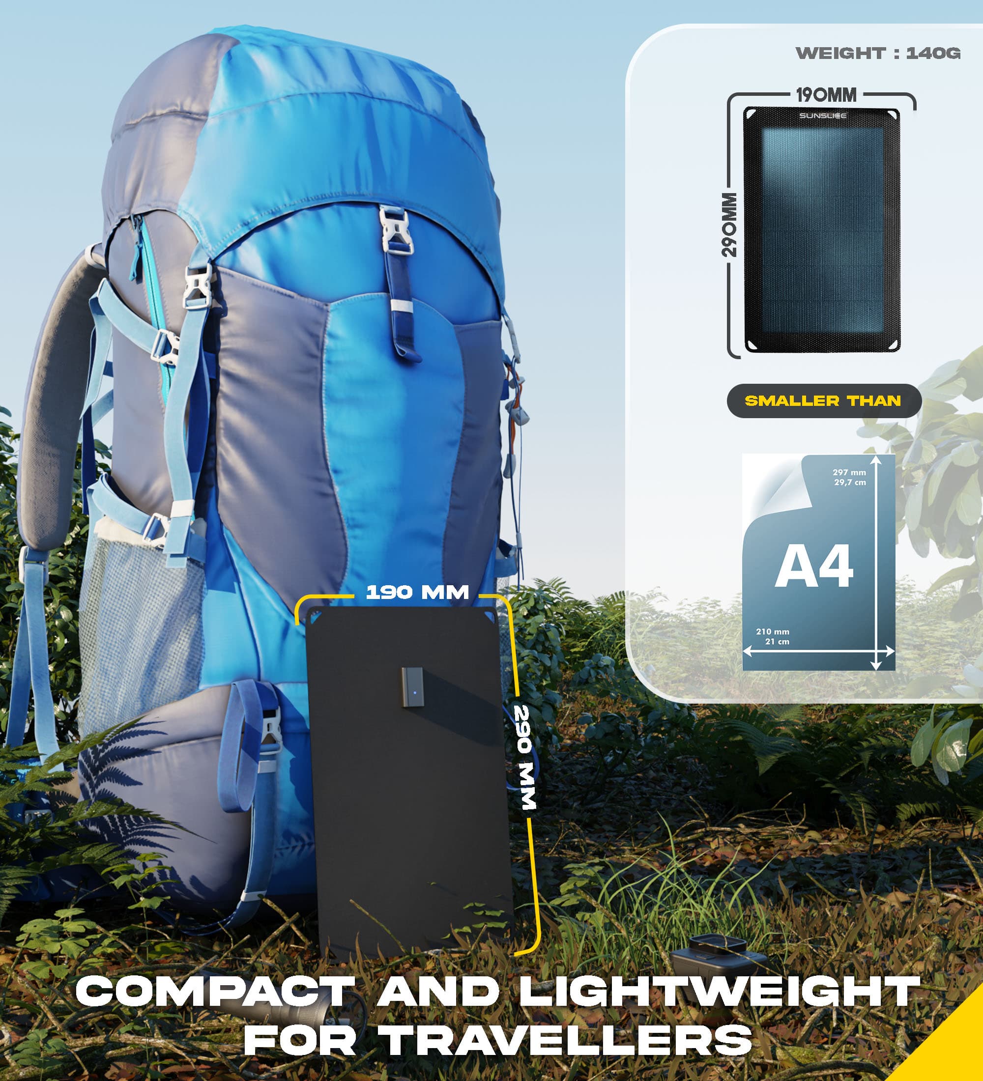 the fusion flex 6 on a backpack. Size:  lenght = 190 mm width = 290 mm Wieght : 140g