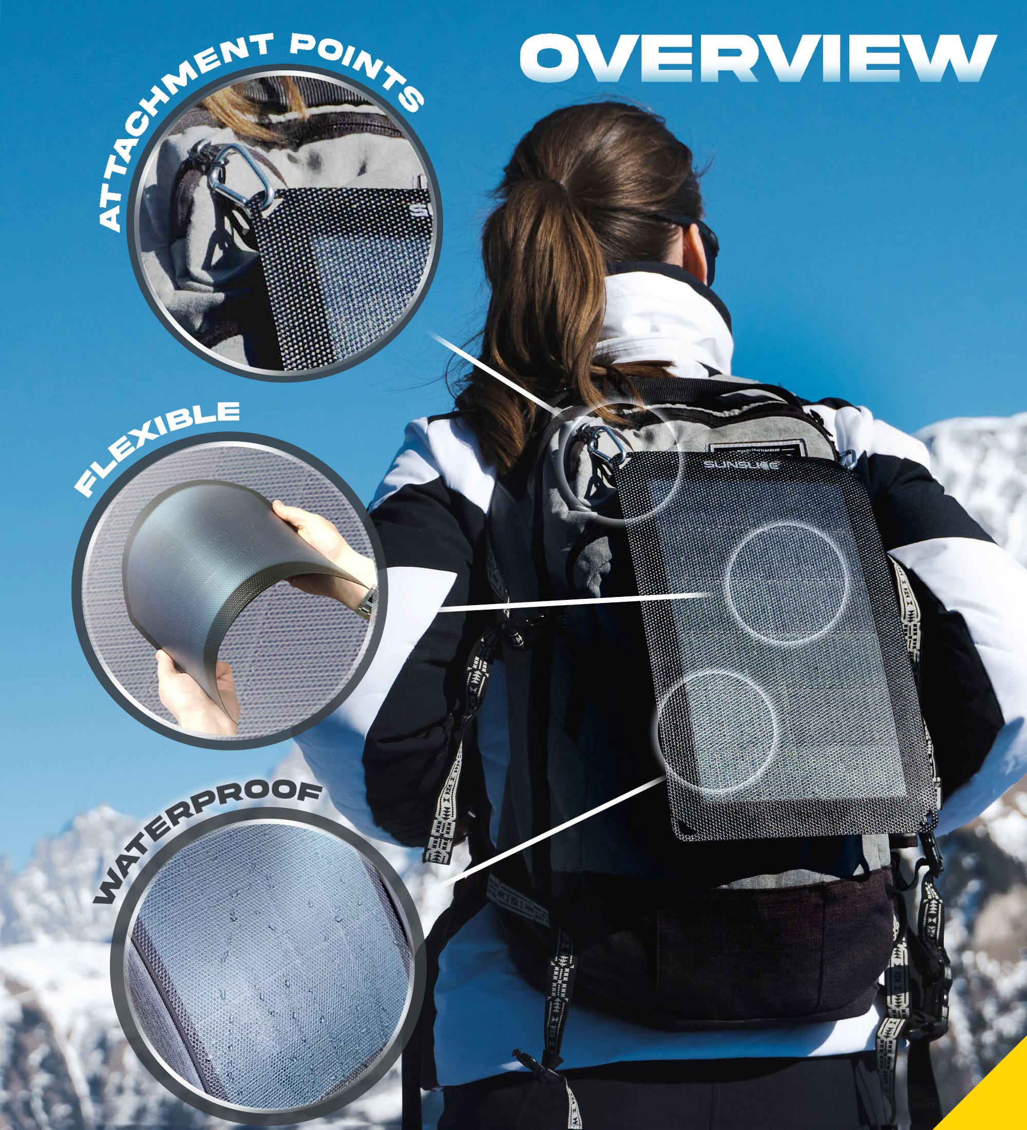 A girl in the mountain with a solar panel on her back , the Fusion flex 6 is waterproof, flexible and attachment point 