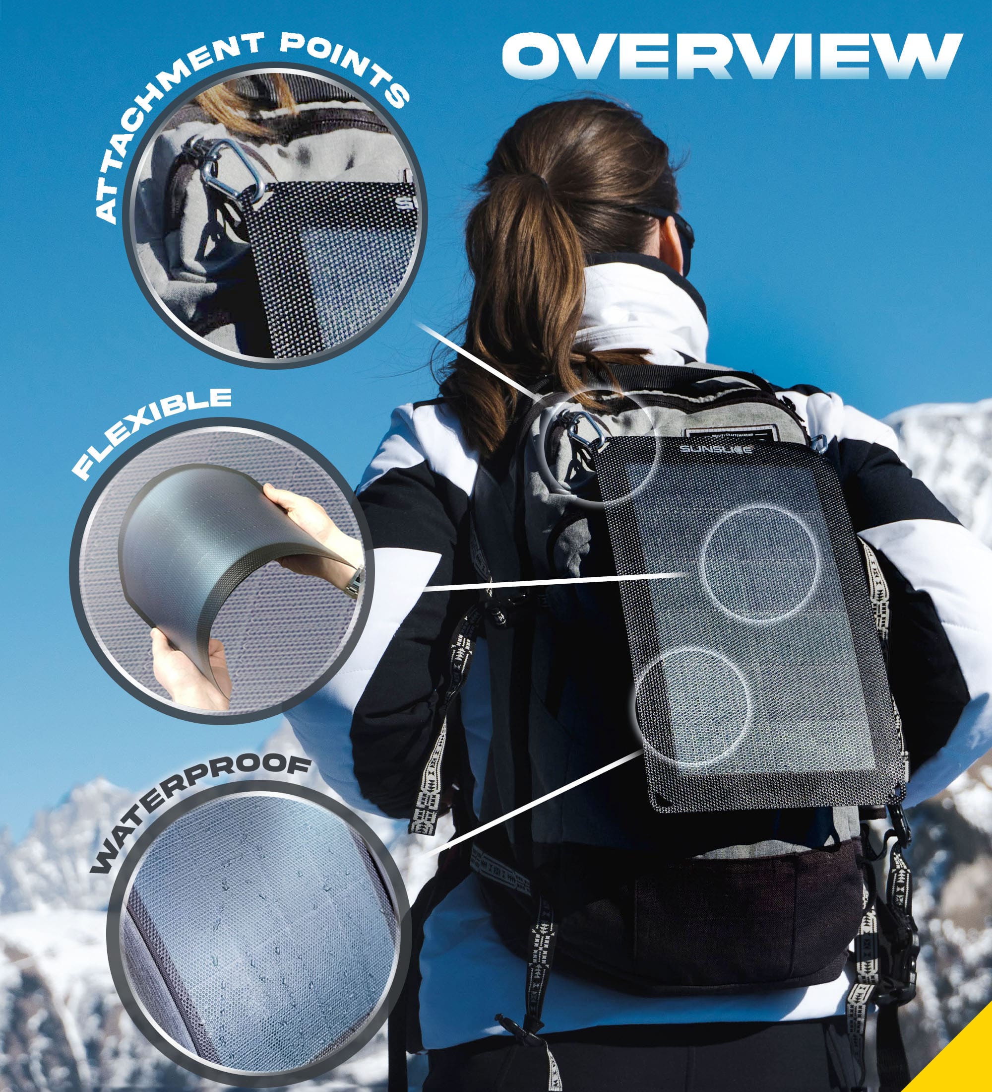 A girl in the mountain with a solar panel on her back , the Fusion flex 6 is waterproof, flexible and attachment point