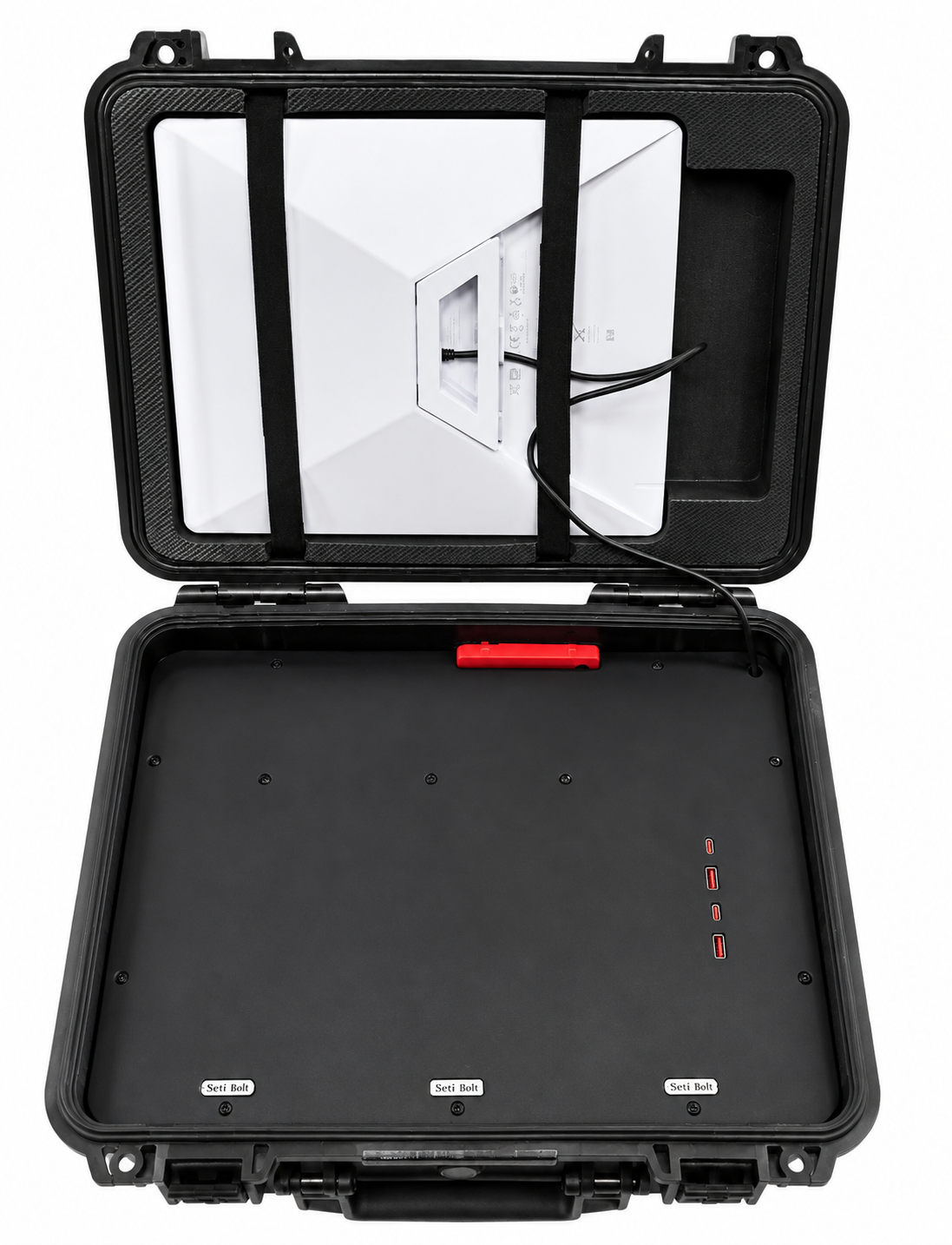 LINKPOWER MINI INTEGRATED 512 case inside view with storage space for Sunslice Fusion 60 solar panel