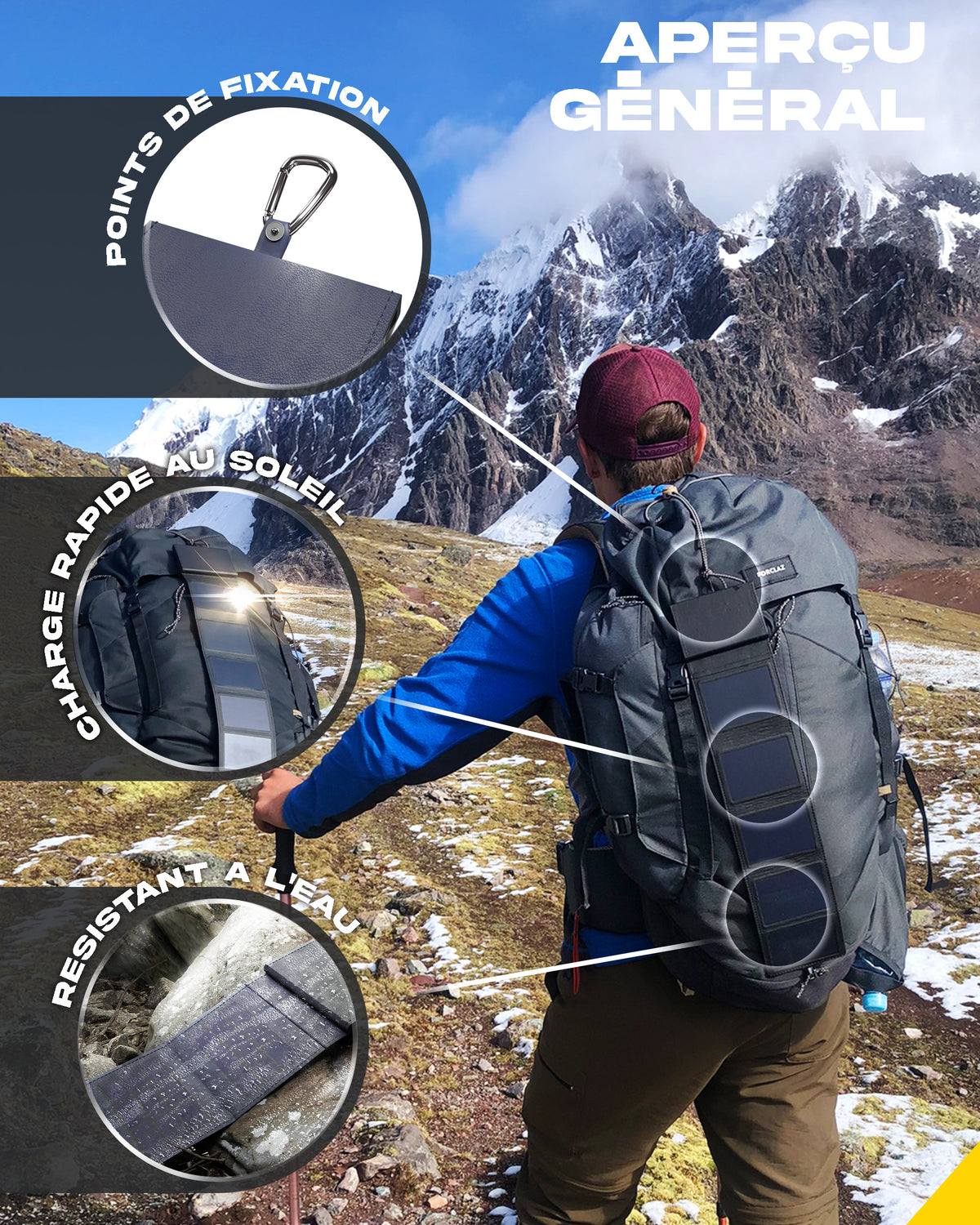 un homme s'apprêtant à escalader une montagne avec un sac à dos de randonnée auquel est attaché un chargeur à énergie solaire