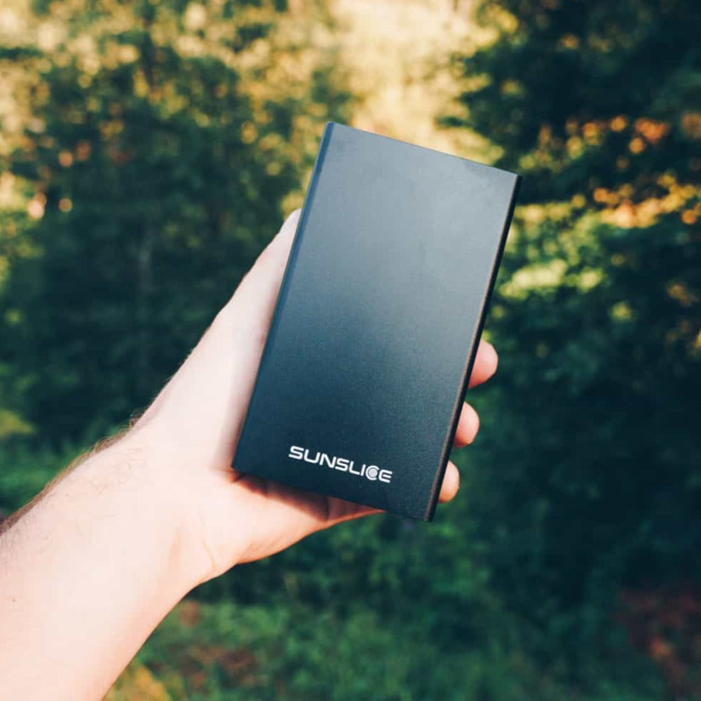 eine schöne 100-Watt-Powerbank, die von einer Hand in einem sonnigen Wald gehalten wird