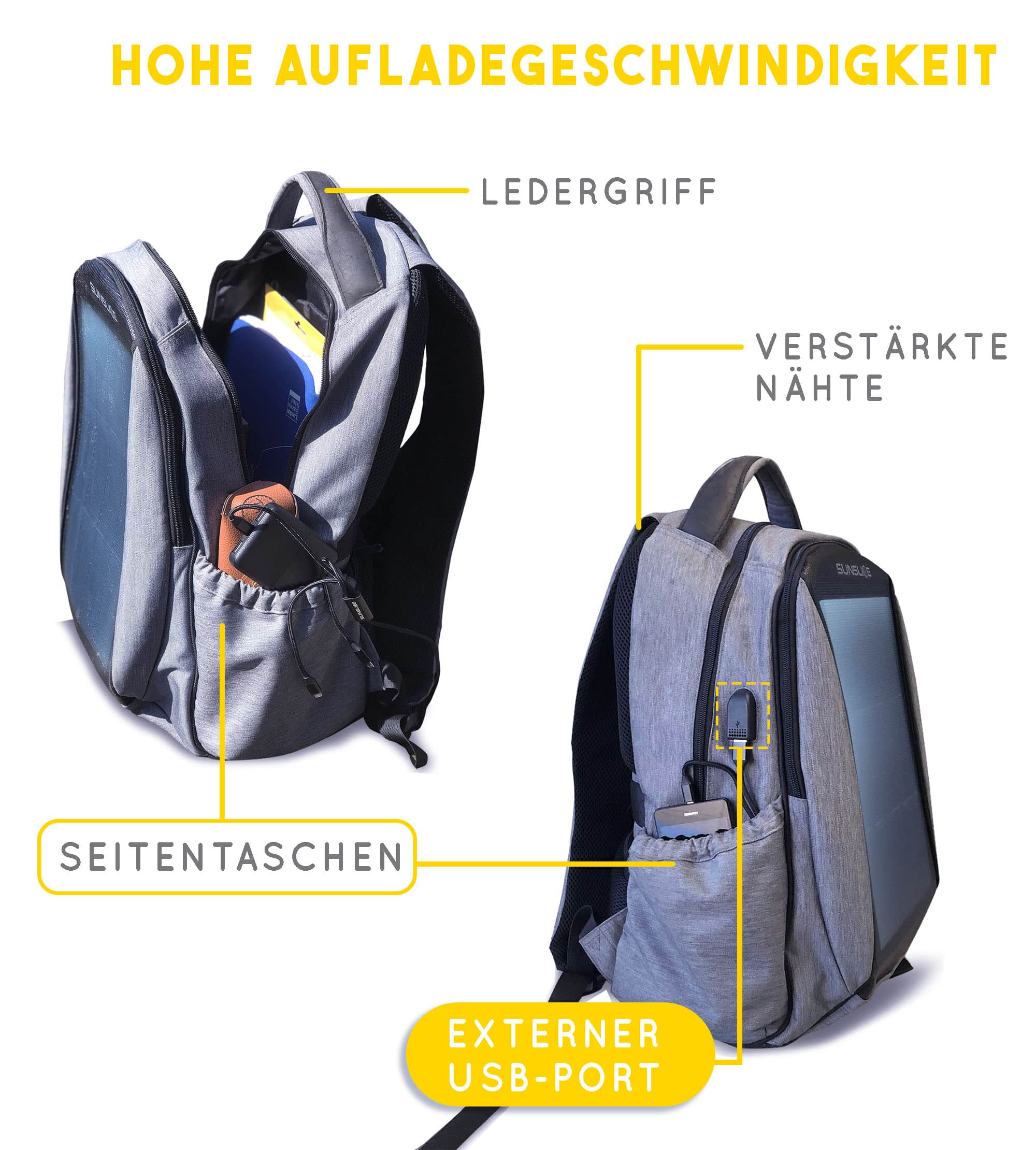 Solarrucksack mit externem USB-Anschluss, Seitentaschen, einem Ledergriff und verstärkten Nähten für einen stabilen Rucksack