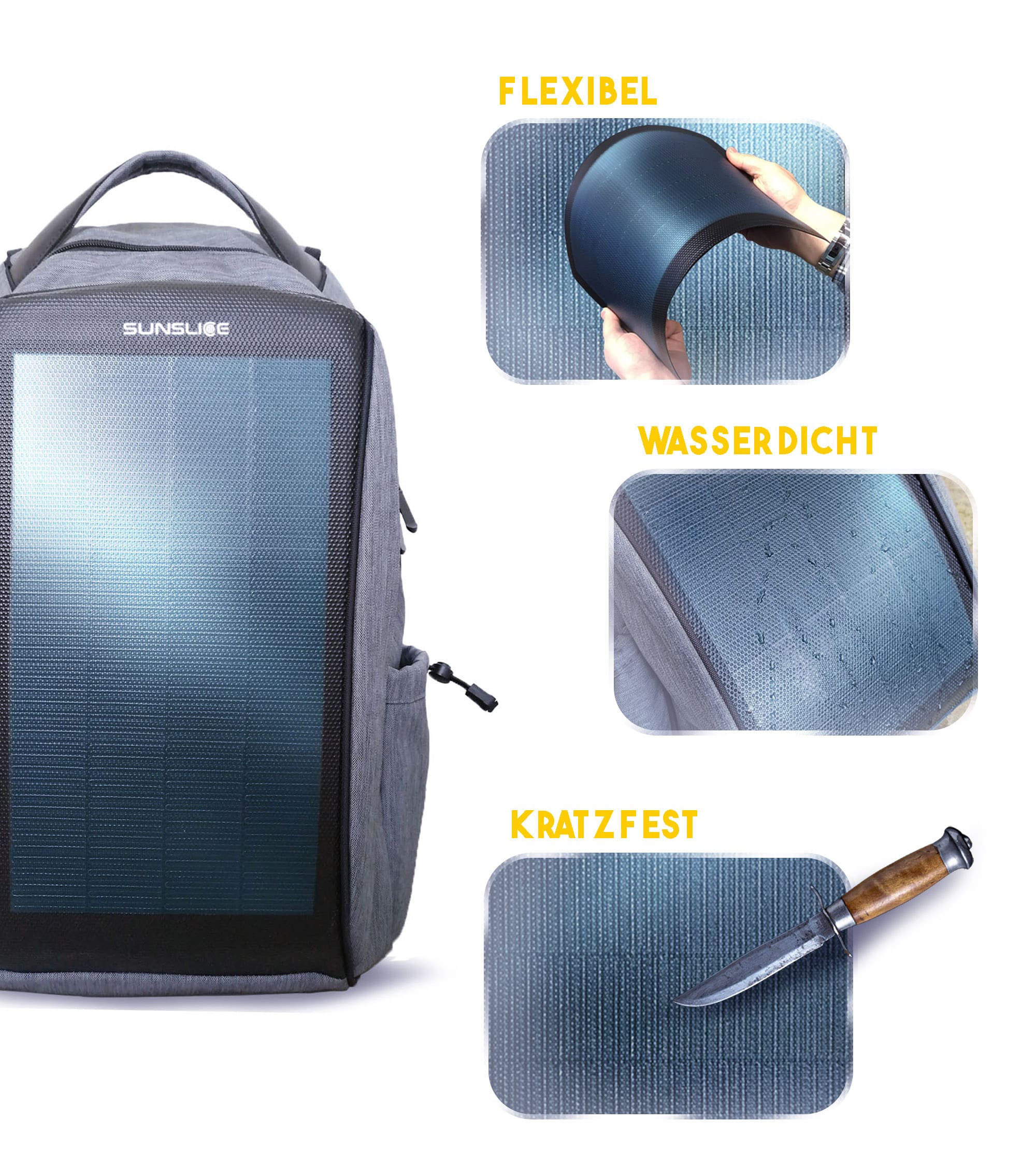 Solarrucksack kratzfest, wasserdicht und flexible