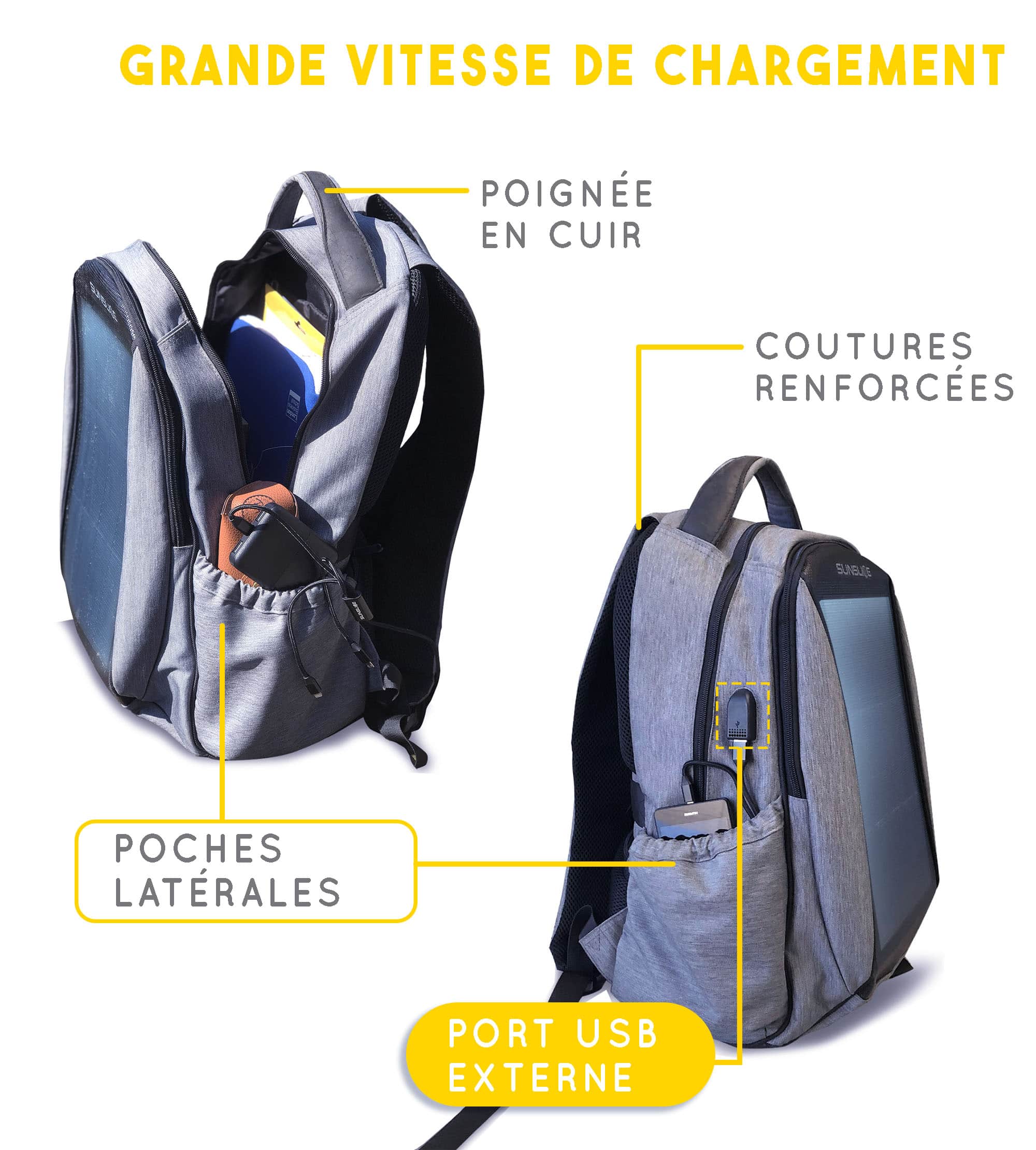 sac à dos solaire avec un port usb externe, des poches latérales, une poignée en cuir et des coutures renforcées pour un sac à dos solide