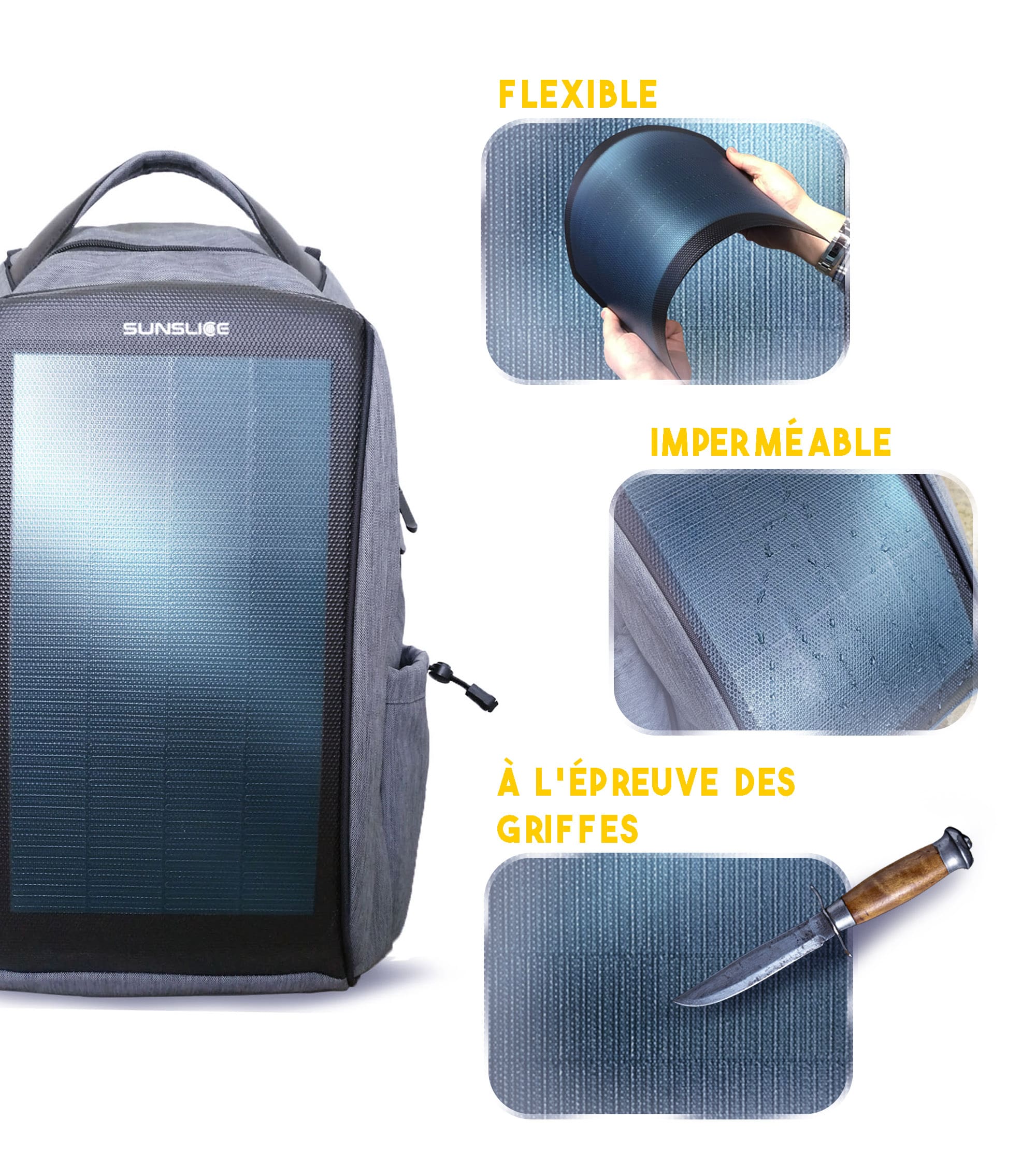 Sac à dos solaire résistant aux rayures, étanche et flexible