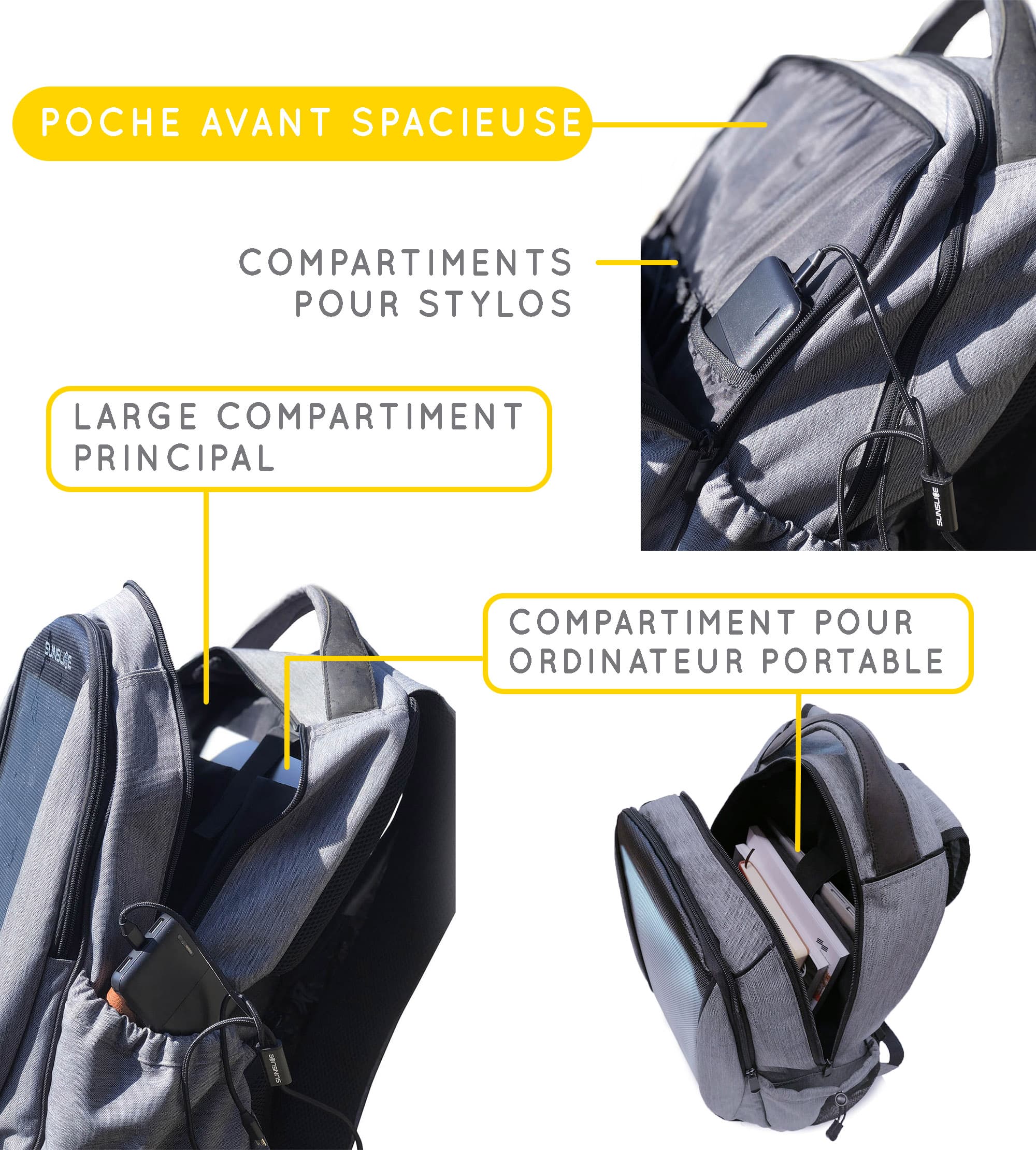 Sac à dos solaire avec compartiment pour ordinateur portable, grand compartiment principal et poche frontale spacieuse avec compartiments pour stylos