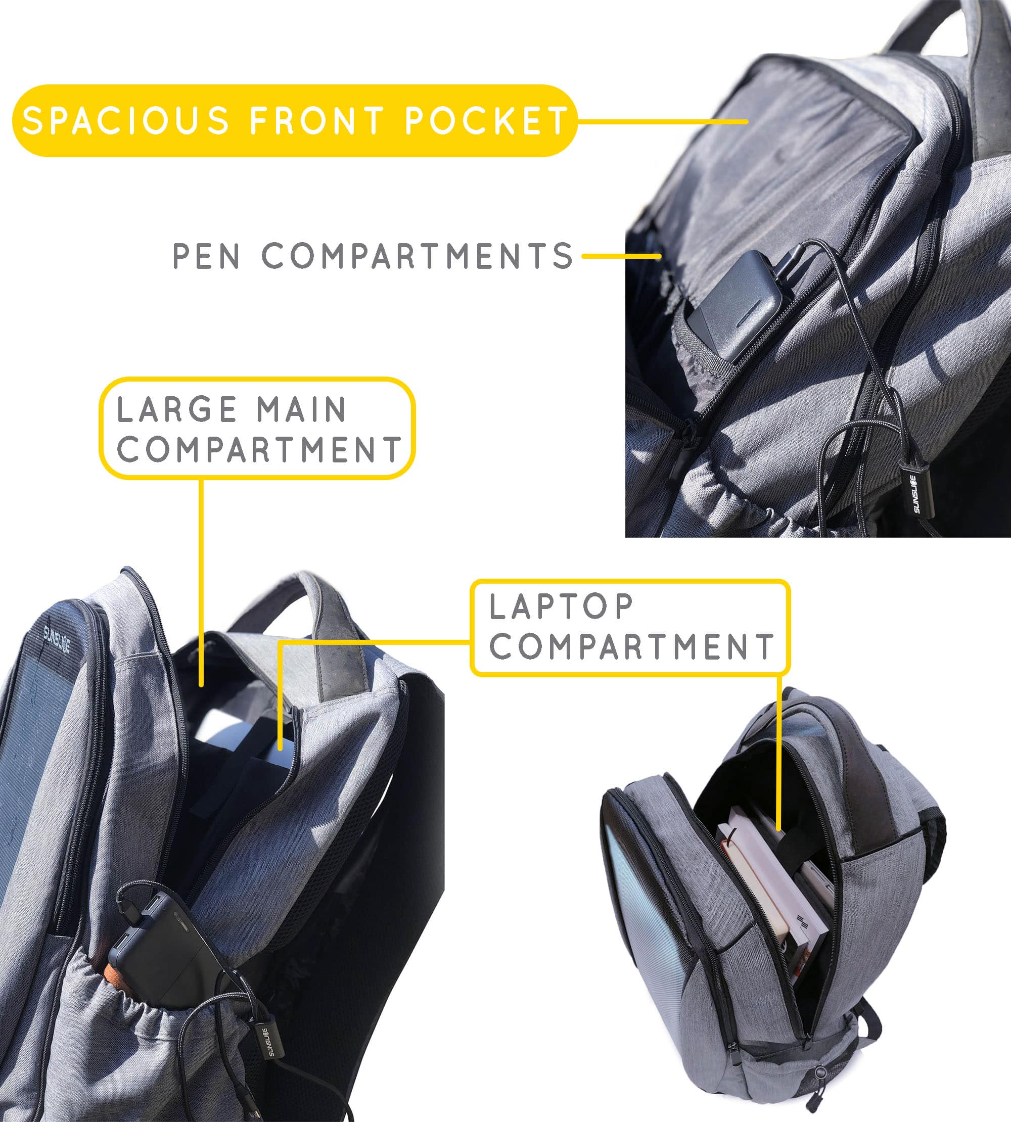 Solar backpack with a laptop compartment, a large main compartment and a spacious front pocket with pen compartments