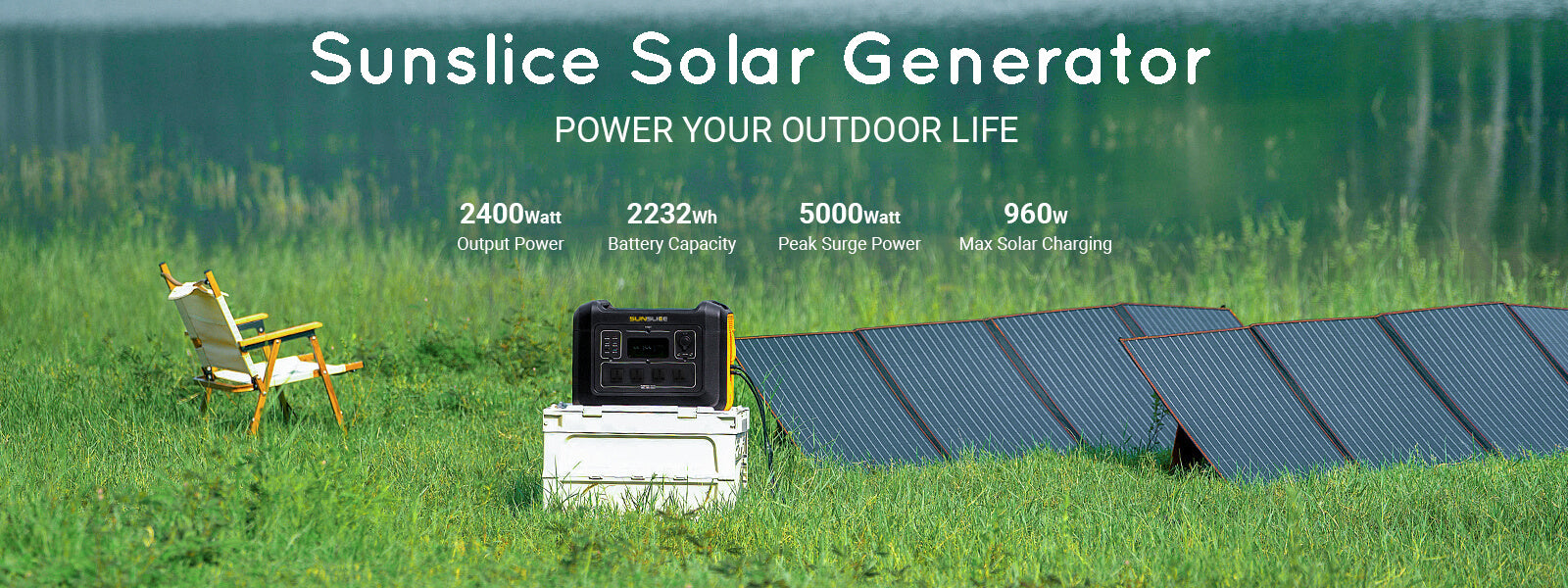 portable solar panel for camping on the green grass with a solar generator for home next to it