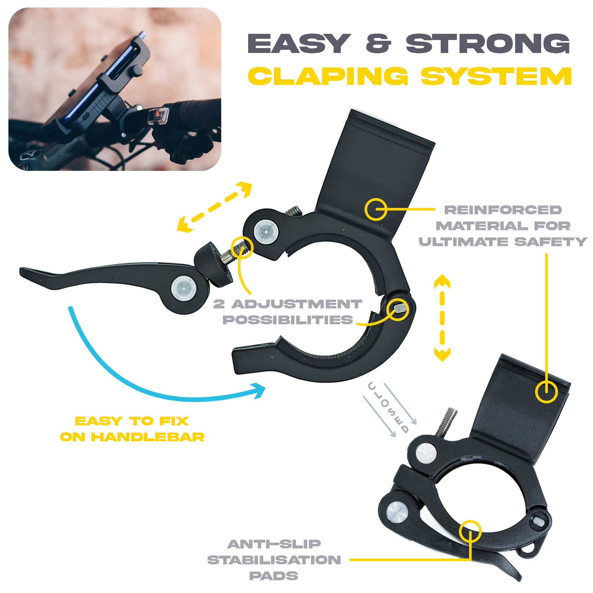Claping system bicycle phone mount technical specification
