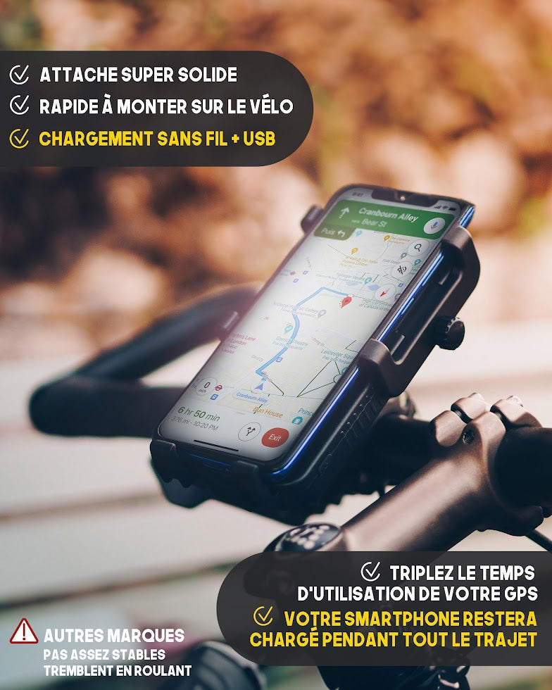 Support de téléphone portable pour vélo avec batterie intégrée : chargement sans fil + USB, super résistant 
