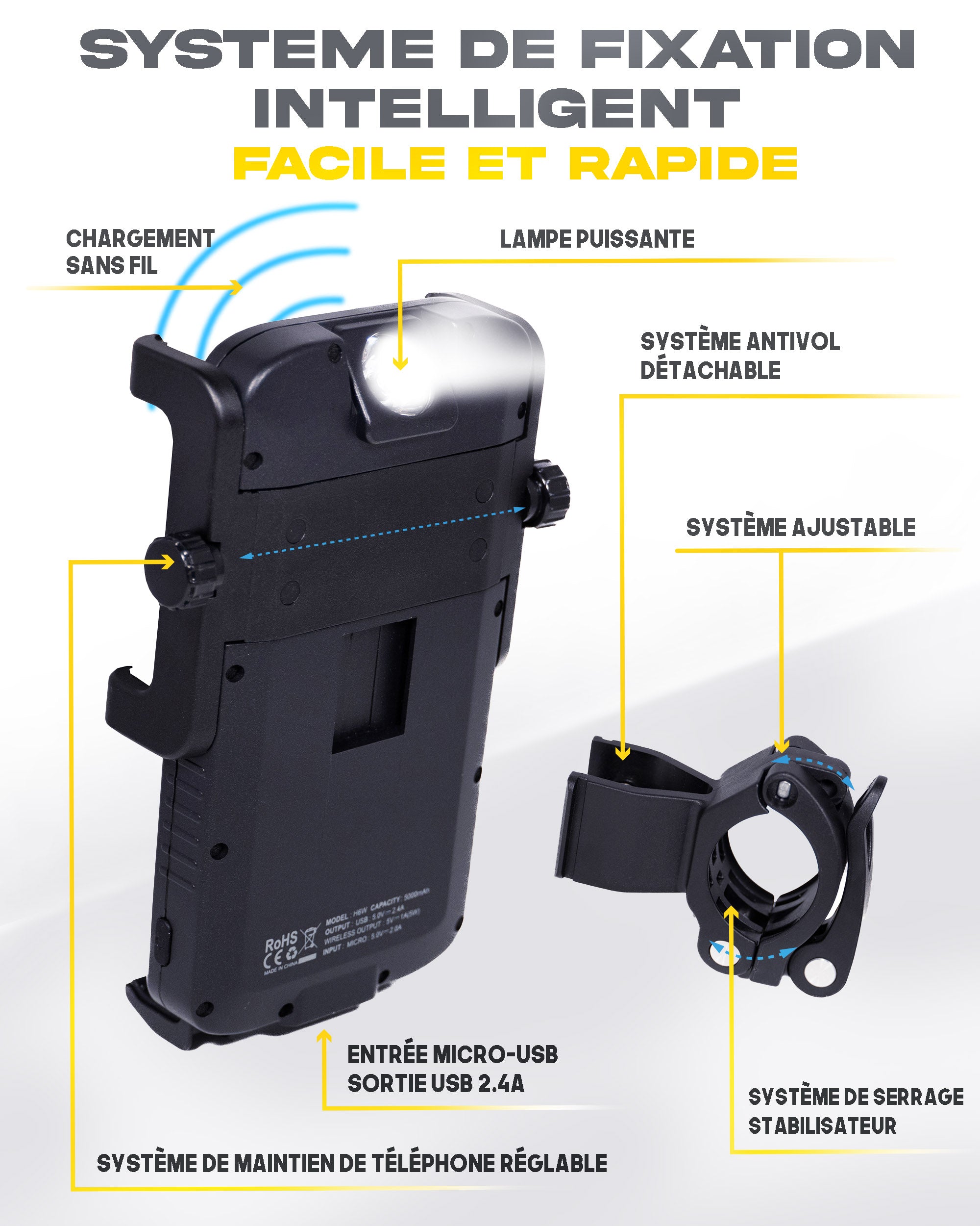 porte-téléphone cyclotron pour moto avec sa lampe allumée la nuit