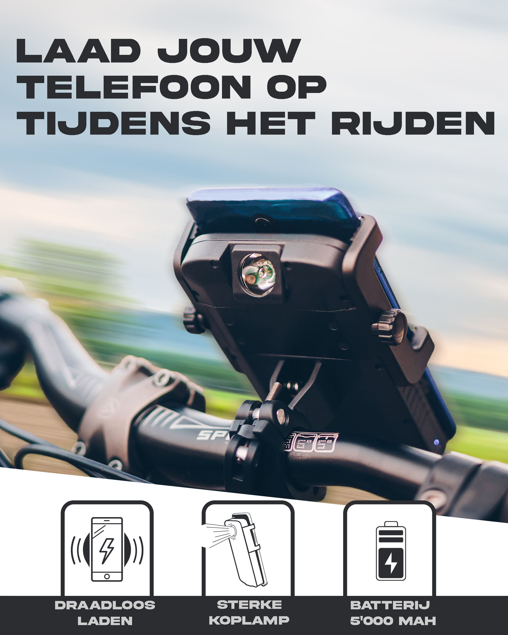 cyclotron met telefoon gemonteerd op het stuur van een fiets