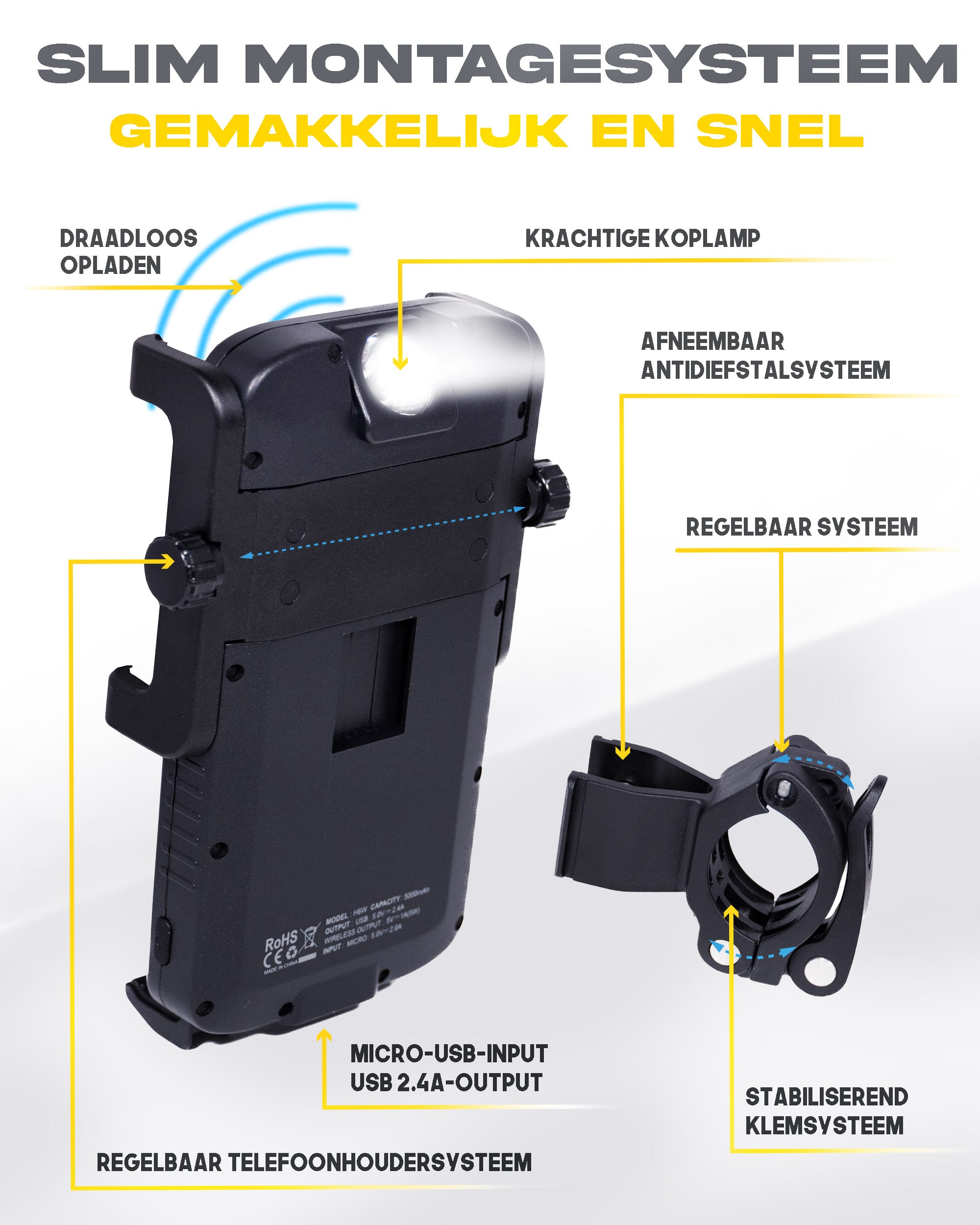 cyclotron telefoonhouder voor motorfiets met zijn lamp die 's nachts brandt