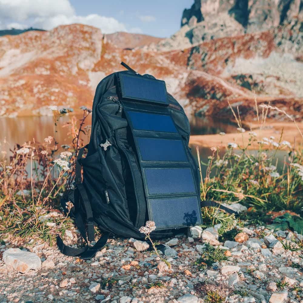 backpack on a mountain with an Electron strapped to it