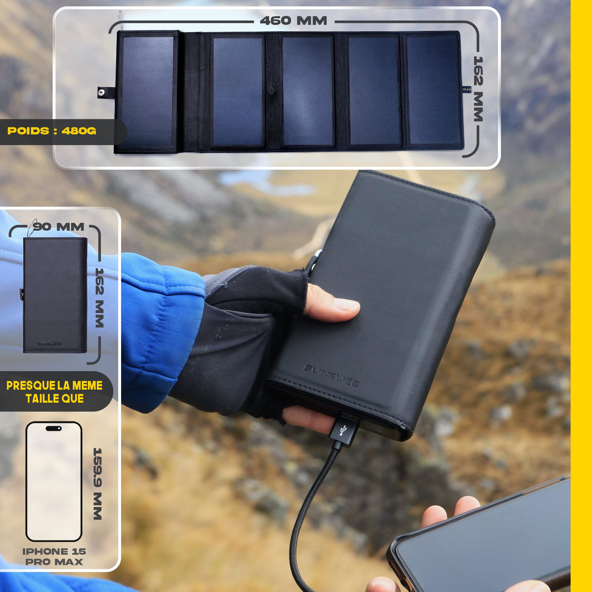 Dimensions du chargeur solaire : -(ouvert) 460 mm, 162 mm -(fermé) 90 mm, 162mm. Poids : 480g