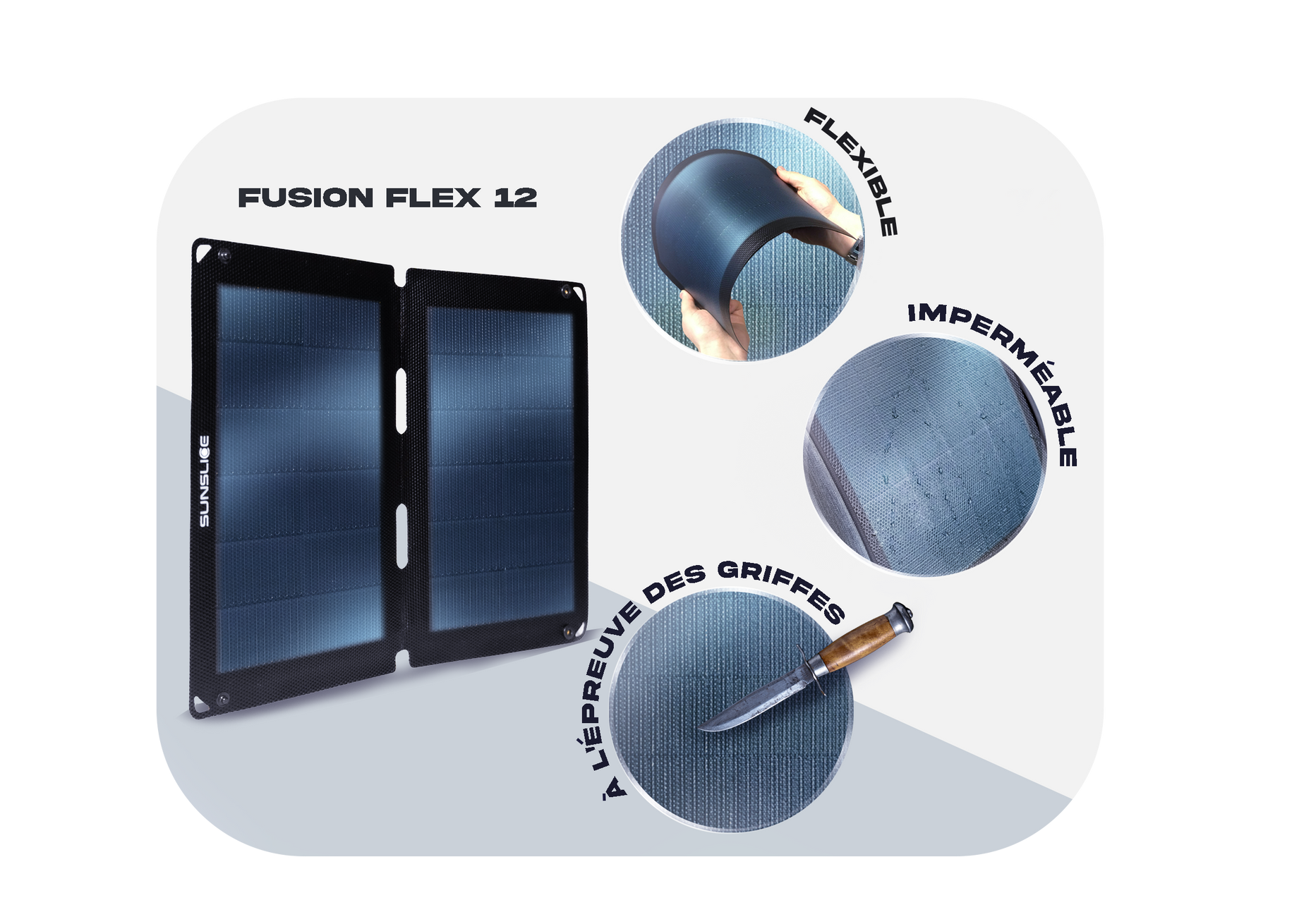 Panneau solaire pliable Fusion Flex12 avec ses spécifications sur fond blanc