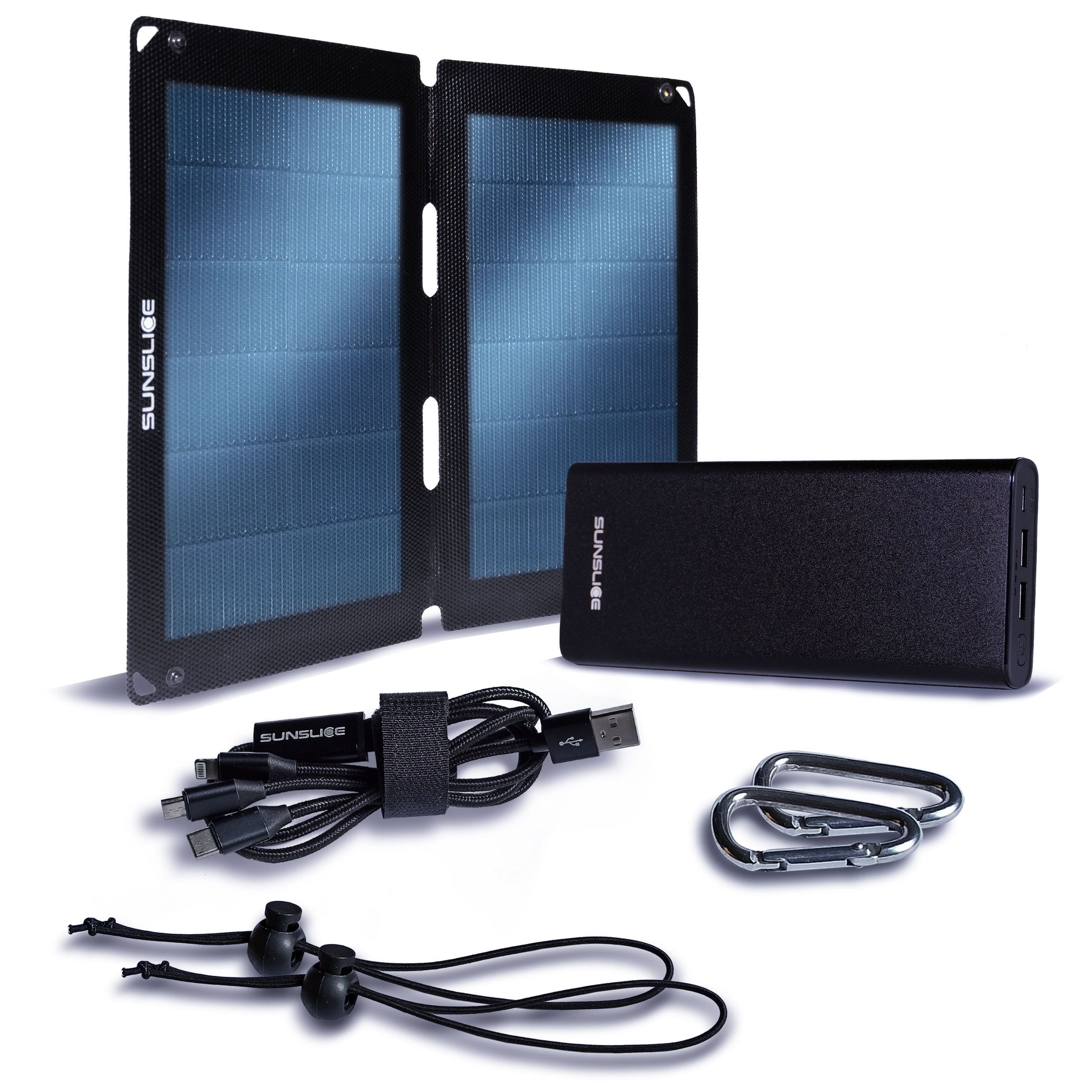 Kit comprenant un panneau solaire fusion flex 12 et un power bank Gravity 100 pour ordinateur portable + 2 mousquetons, 2 élastiques, 1 câble trident