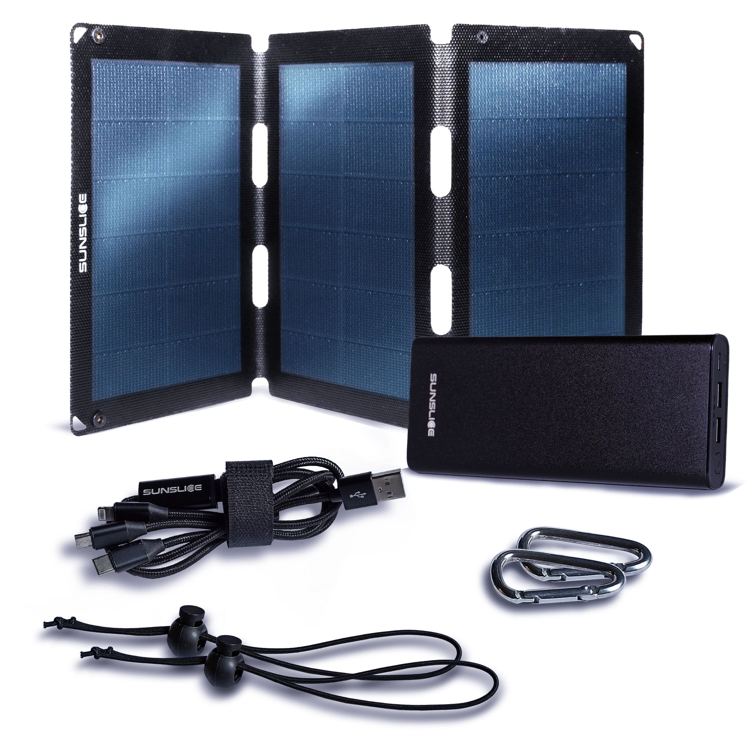 Kit met een zonnepaneel fusion flex 18 en een Gravity 100 powerbank voor laptop + 2 karabijnhaken, 2 elastieken, 1 drietandkabel