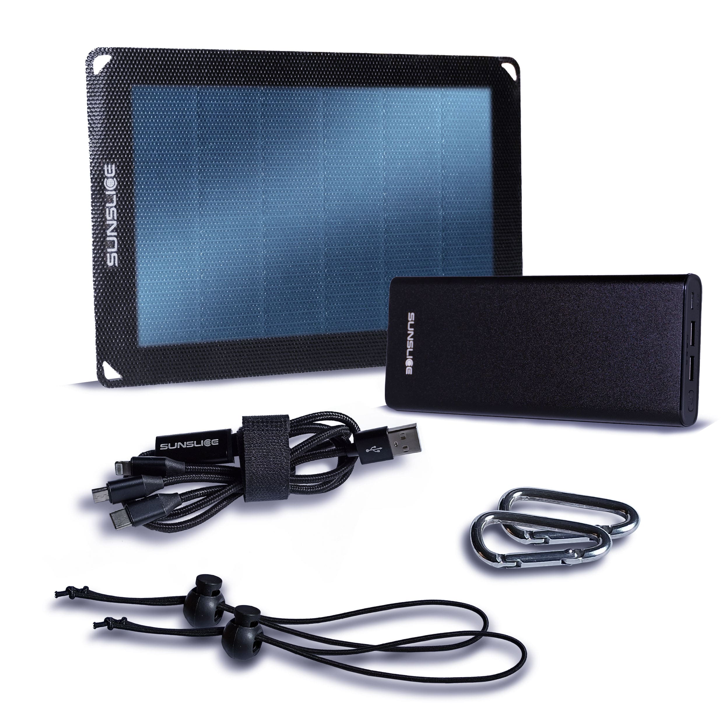 Kit with a solar panel fusion flex 6 and a Gravity 100 power bank for laptop + 2 carabiner , 2 elastic band, 1 trident cable