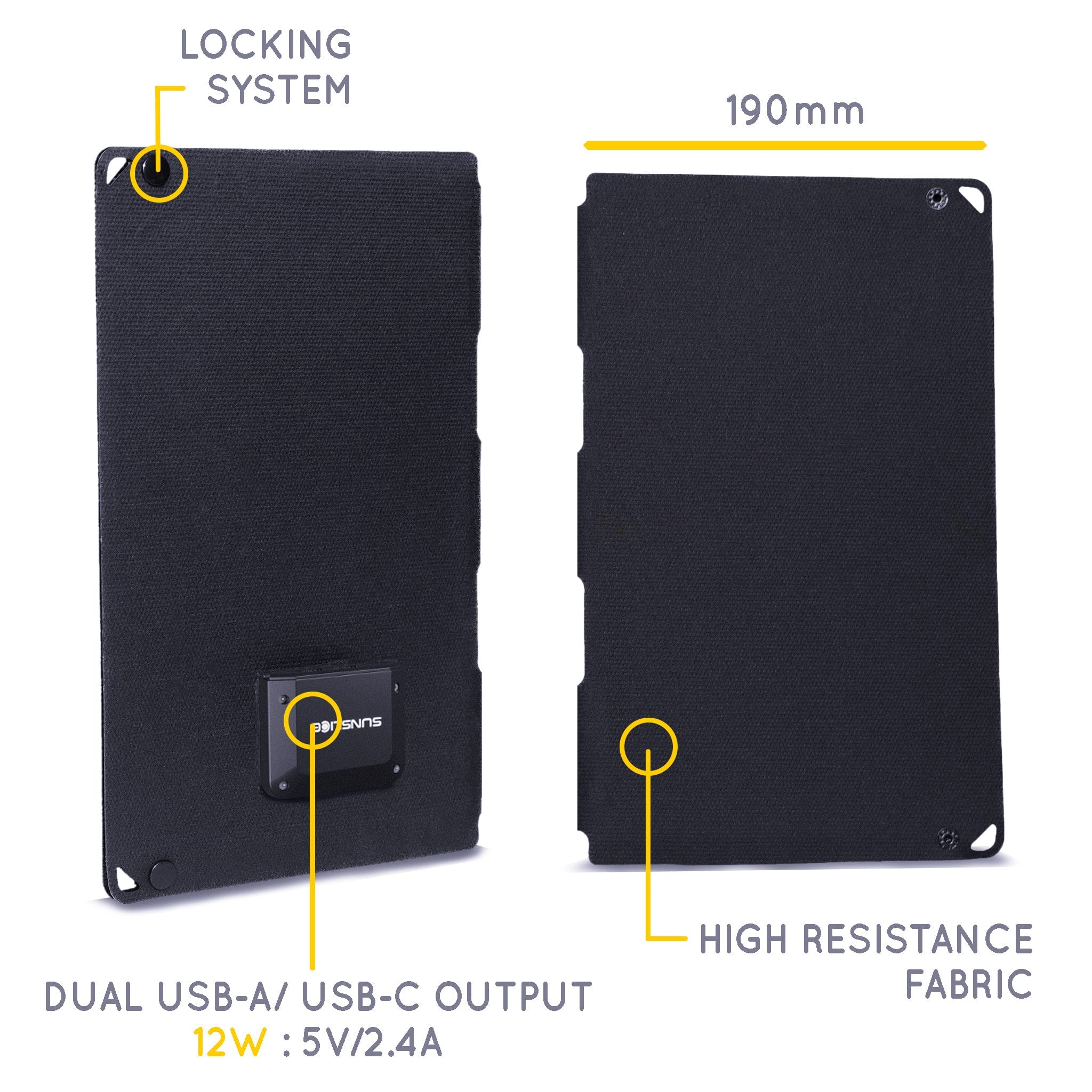 Solar panel close like a book showing the Dual USB ouput 12W