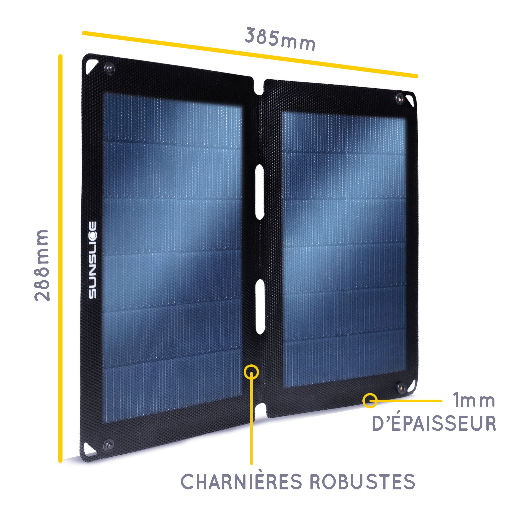 Informations sur le panneau solaire. Taille : 385mm, 288 mm, épaisseur 1mm. Charnières robustes