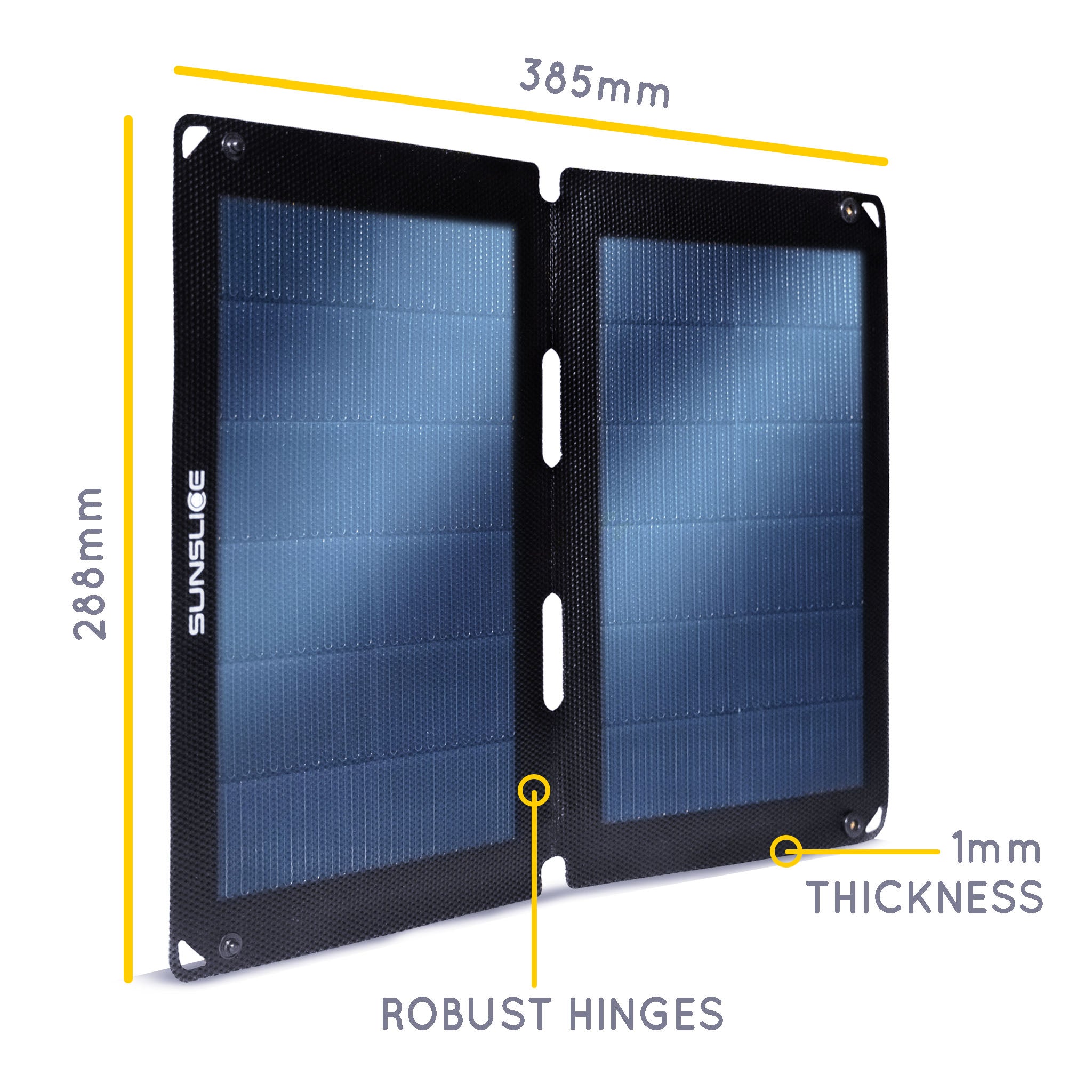 Solar panel Informations. Size : 385mm, 288 mm, thickness 1mm. Robust Hinges