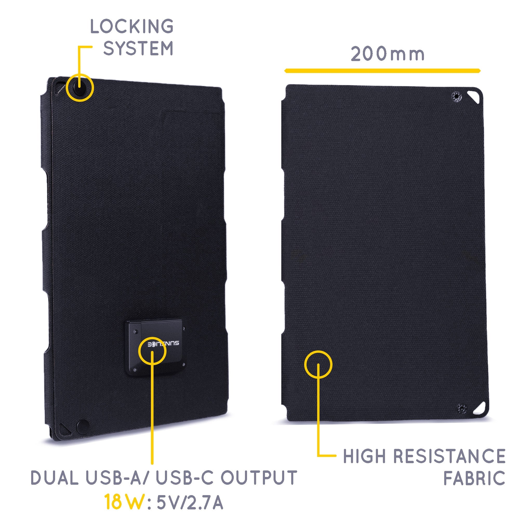 3 solar panel close like a book showing a locking system and the Dual USB output 18W attached in the back