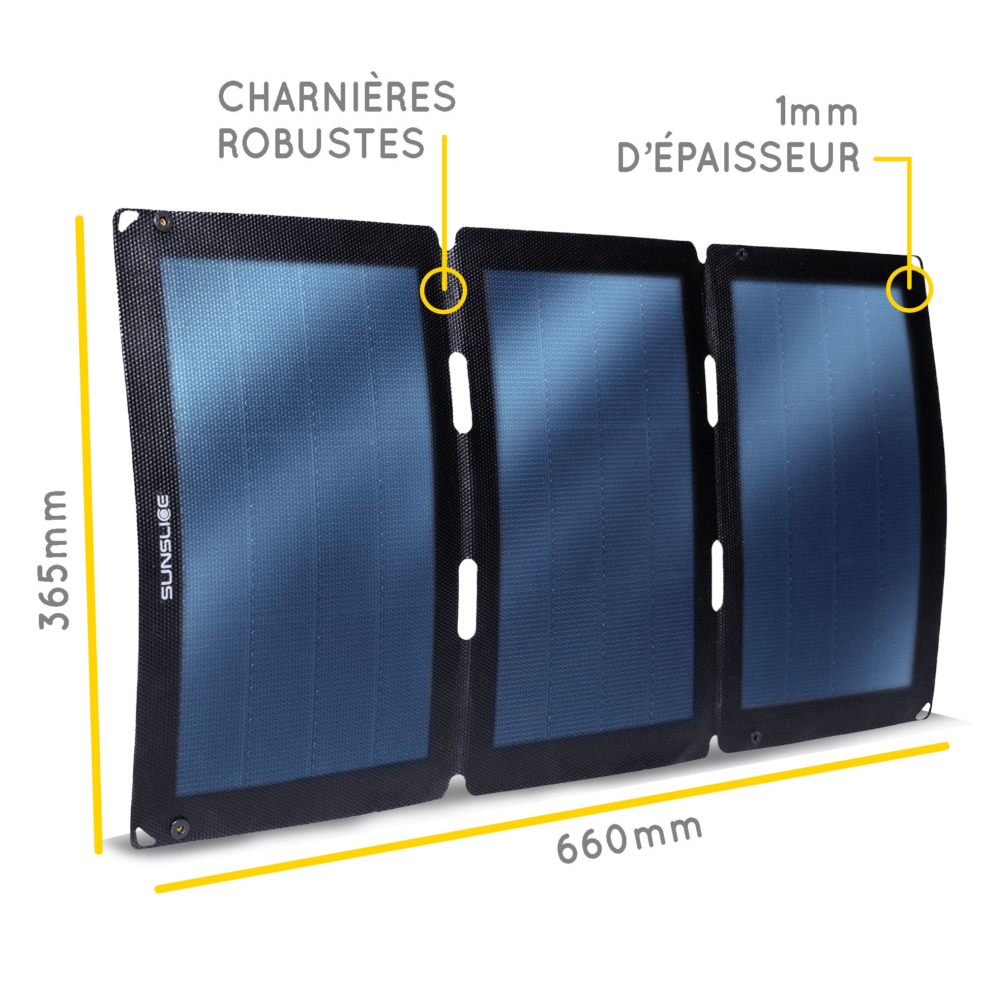Panneau solaire ouvert ( 3 panneaux) informations . Dimensions : 660 mm, 365 mm, épaisseur 1 mm. Charnières robustes 