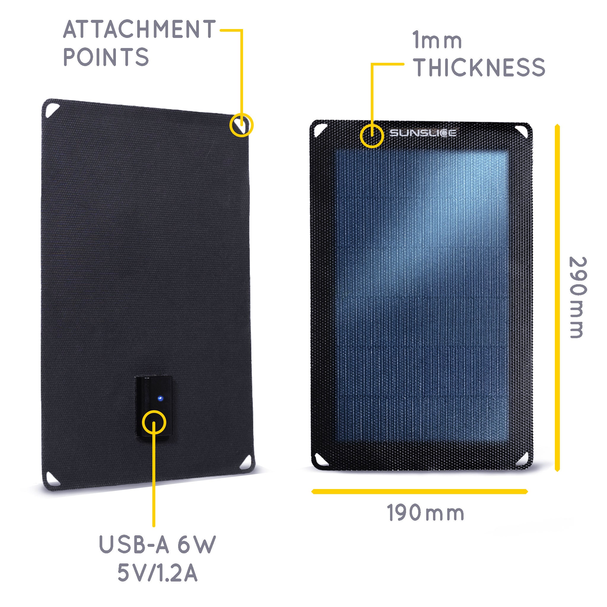 Informatie over draagbaar zonnepaneel: Afmetingen: 290 mm, 190 mm, Dikte: 1mm. Uitgang : USB-A 6w 