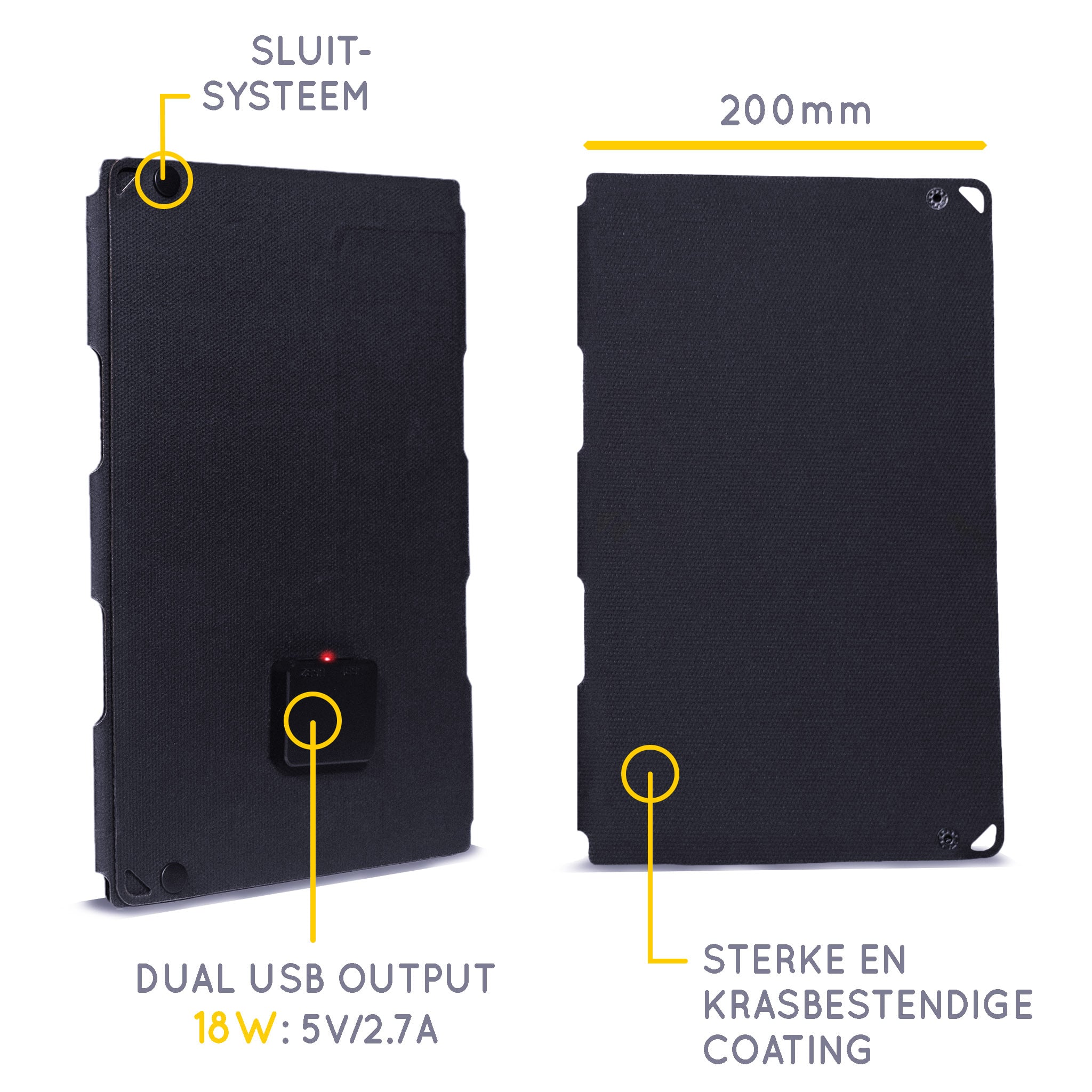 3 zonnepanelen sluiten als een boek met een sluitsysteem en de dubbele USB-uitgang 18W bevestigd aan de achterkant