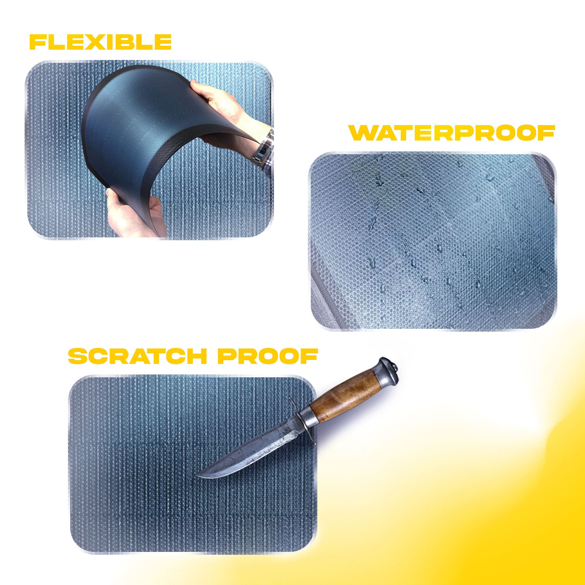 Panneau solaire fusion 6, Flexible, Waterproof, scratchpoof sur fond jaune et blanc .