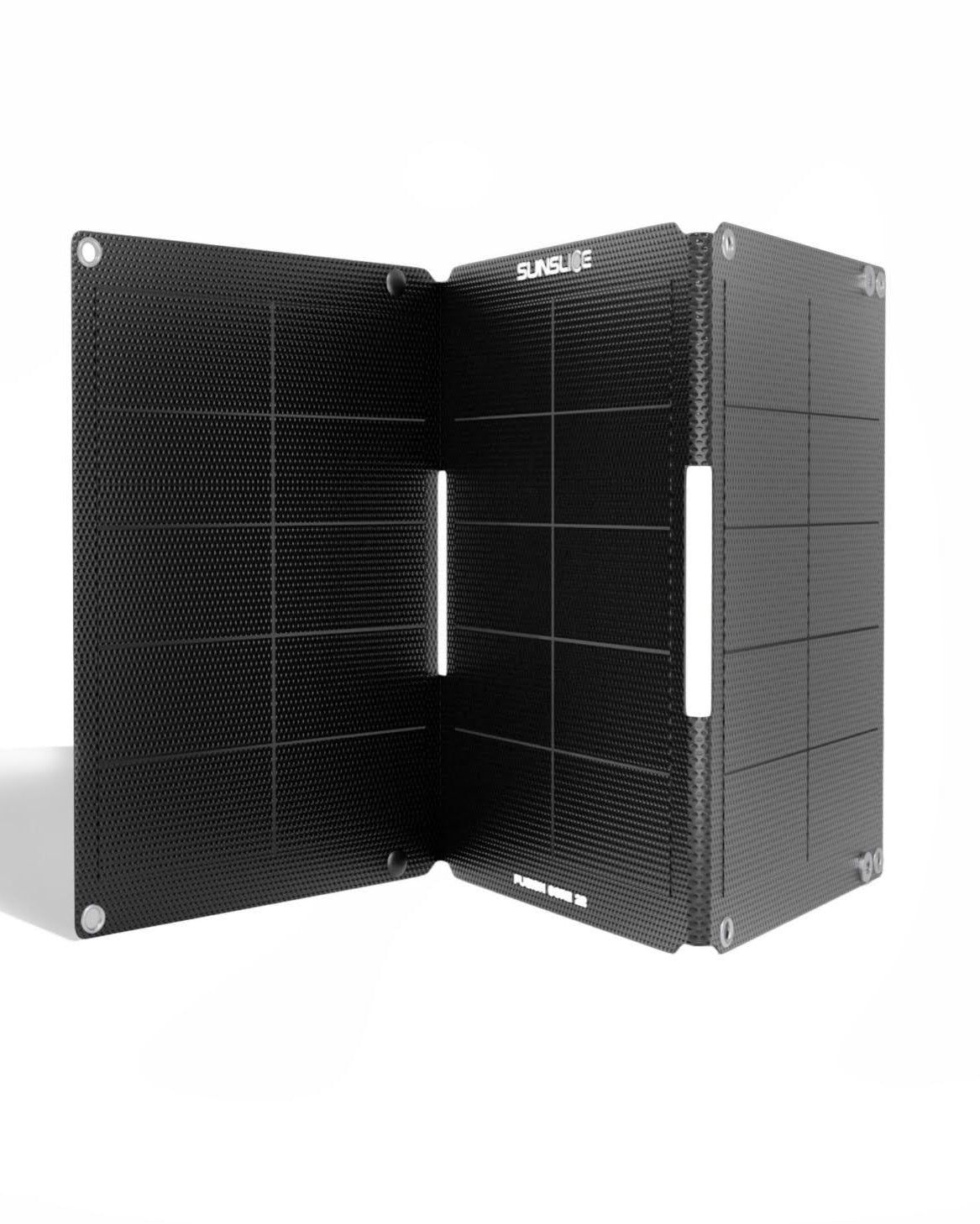 Foldable solar panel with 'Sunslice' branding on a white background