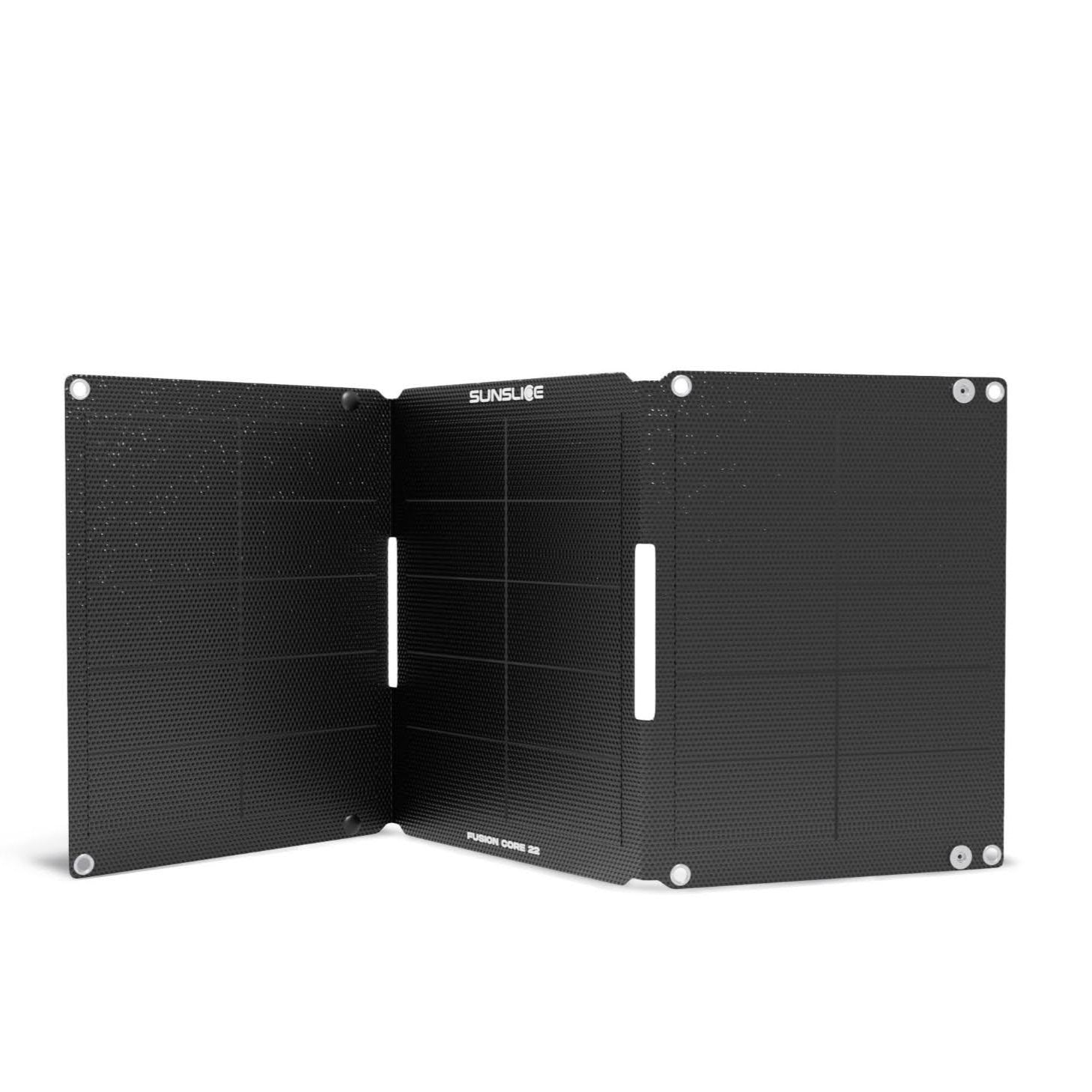 Black portable solar panel with 'SUNSLICE' branding on a white background
