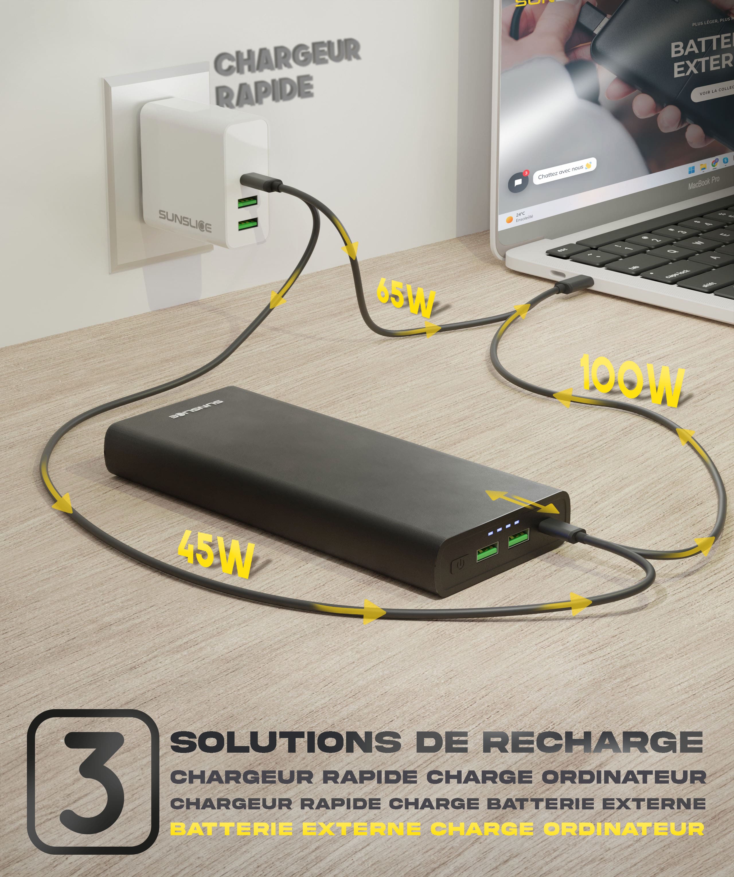 Emperion 65 Watts - Chargeur USB-C pour ordinateur portable et Batterie Externe - Sunslice