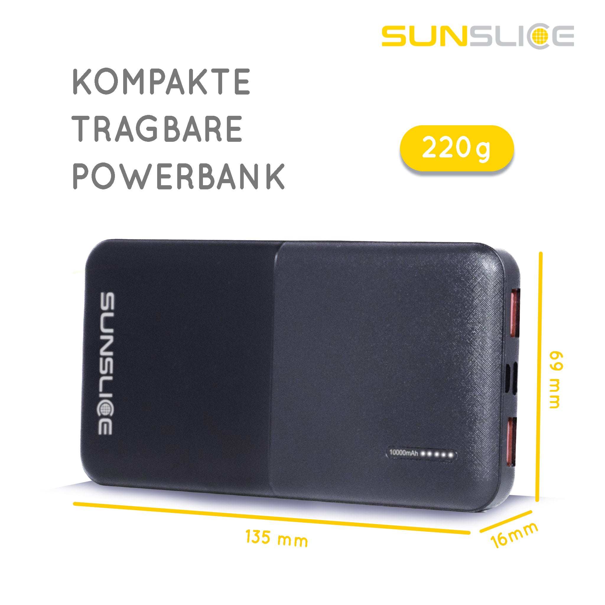 Powerbank (Gravity 10) Kompakt und tragbar. Größe: 135 mm, 69 mm, 16 mm. Gewicht: 220g