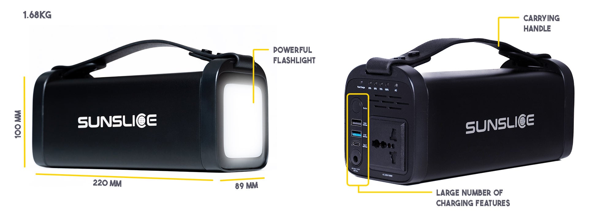the generator gravity 144 with a powerful flashlight , a carrying handle. Size: 220mm, 89mm, 100mm
