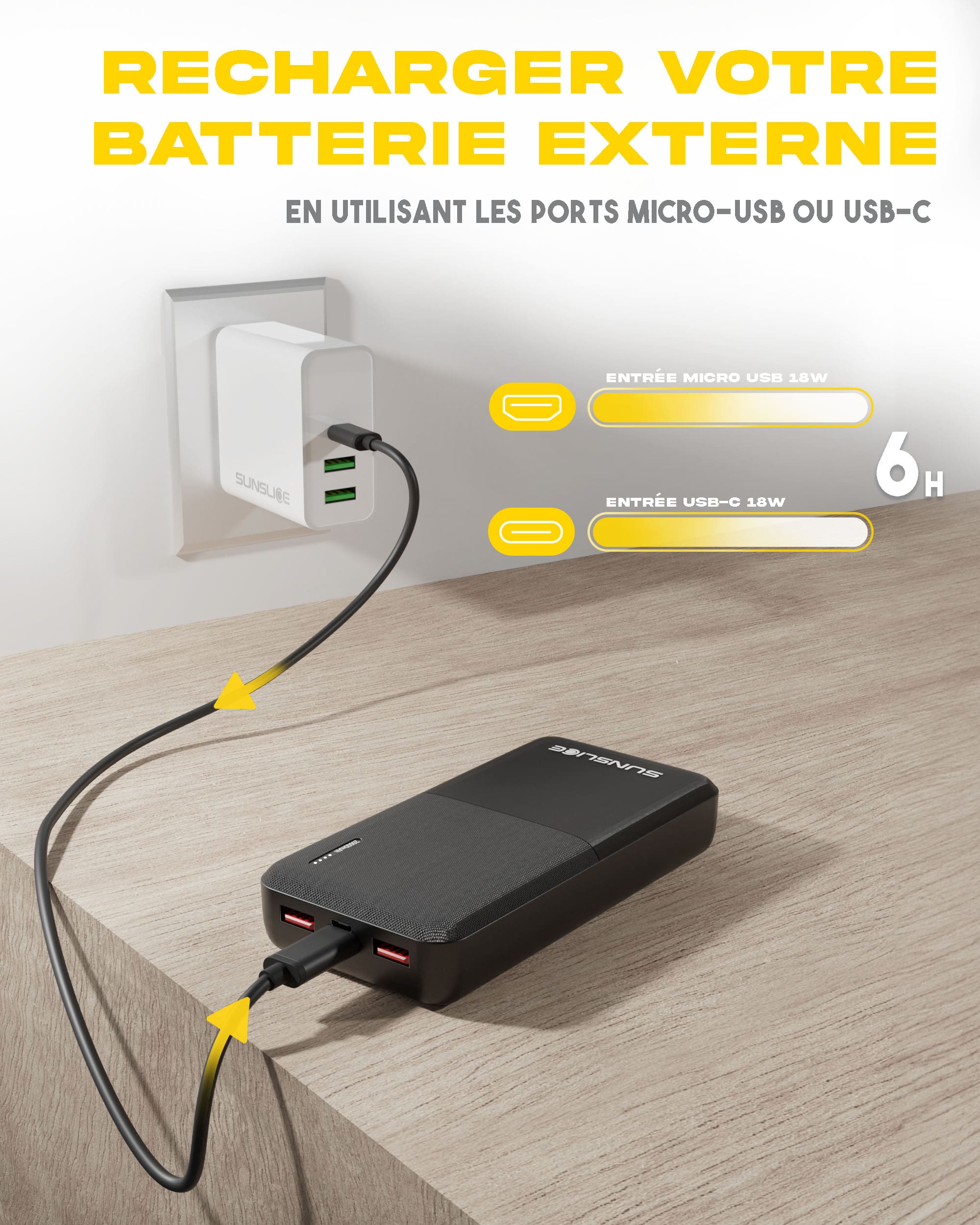 La banque d'énergie gravity 20 peut être rechargée à l'aide du port micro-USB ou du port USB-C