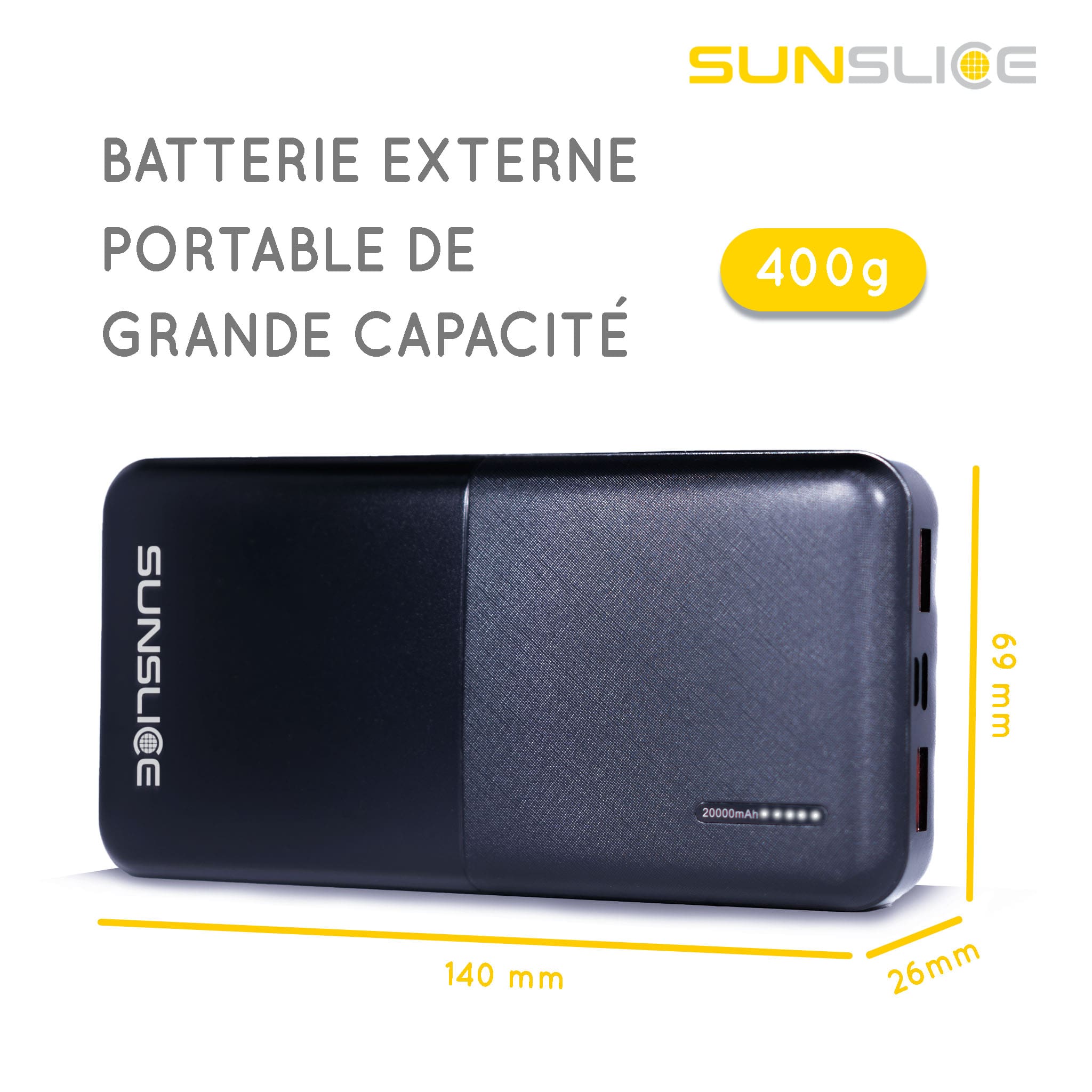 Taille du power bank Gravity 20 : 140 mm, 26 mm, 69 mm. Poids : 400g