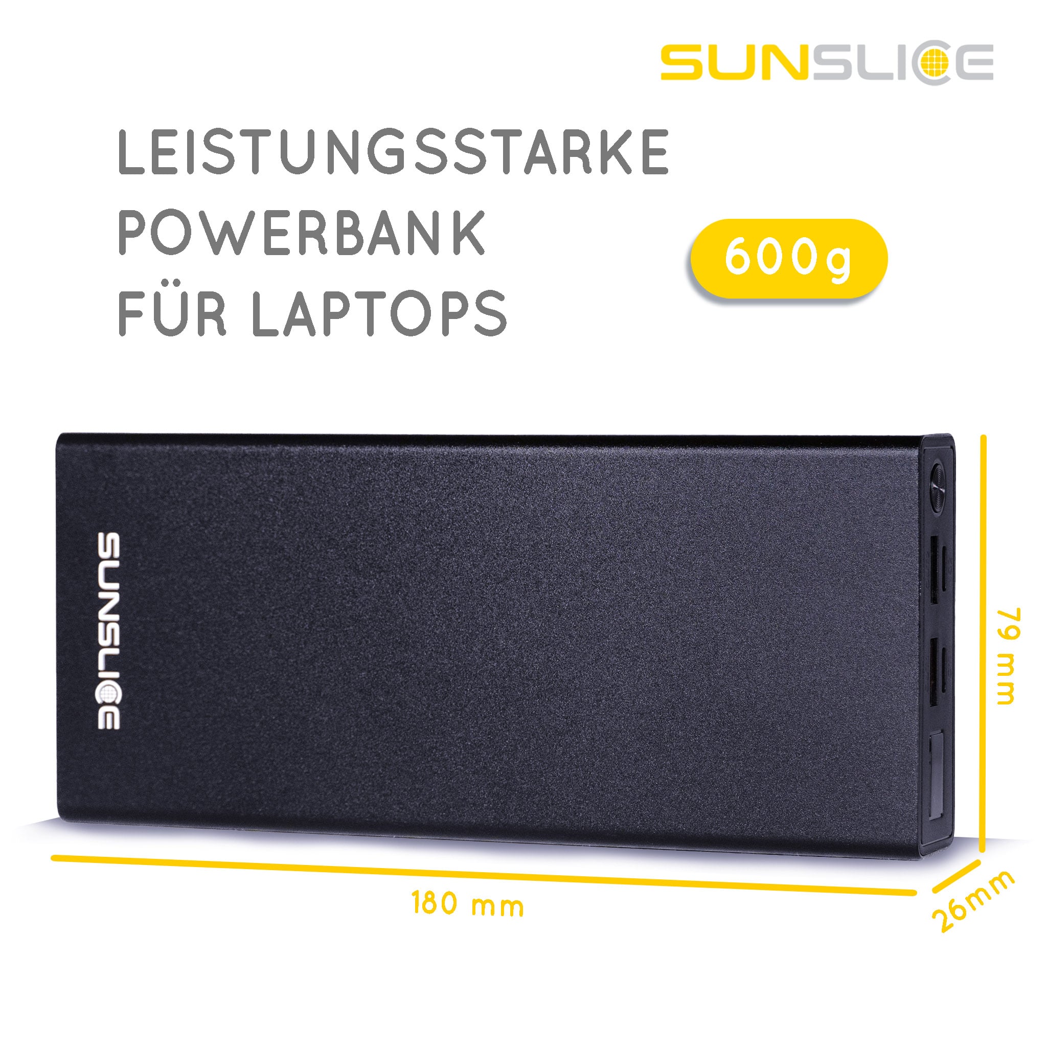 Powerbank Gravity 27 Größenangaben: 180 mm, 79 mm, 26 mm. Gewicht: 600g Leistungsstarke Powerbank für Laptop