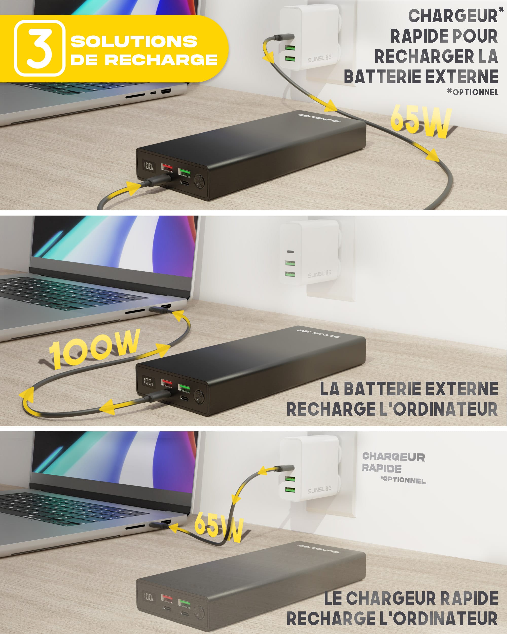 3 solutions de charge, chargeur rapide avec le Gravity 27 power bank chargeant un ordinateur portable