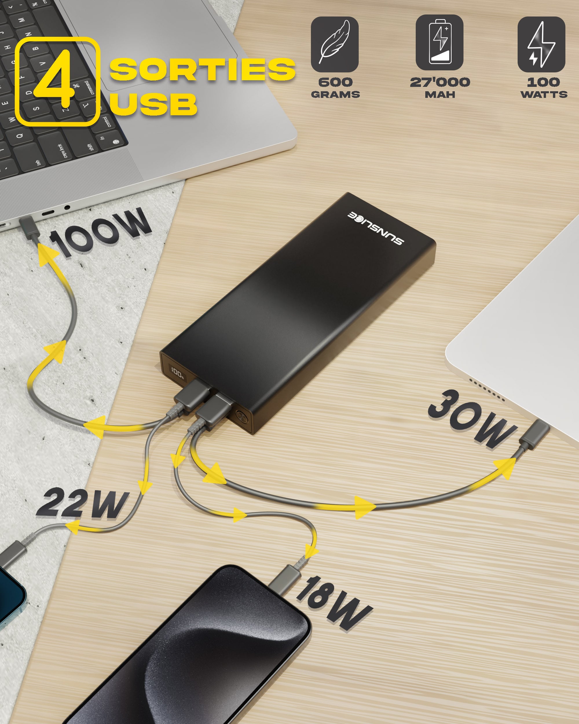 banque d'alimentation pour ordinateur portable avec 4 sorties USB - Poids : 600g, Capacité : 27000 mAh 