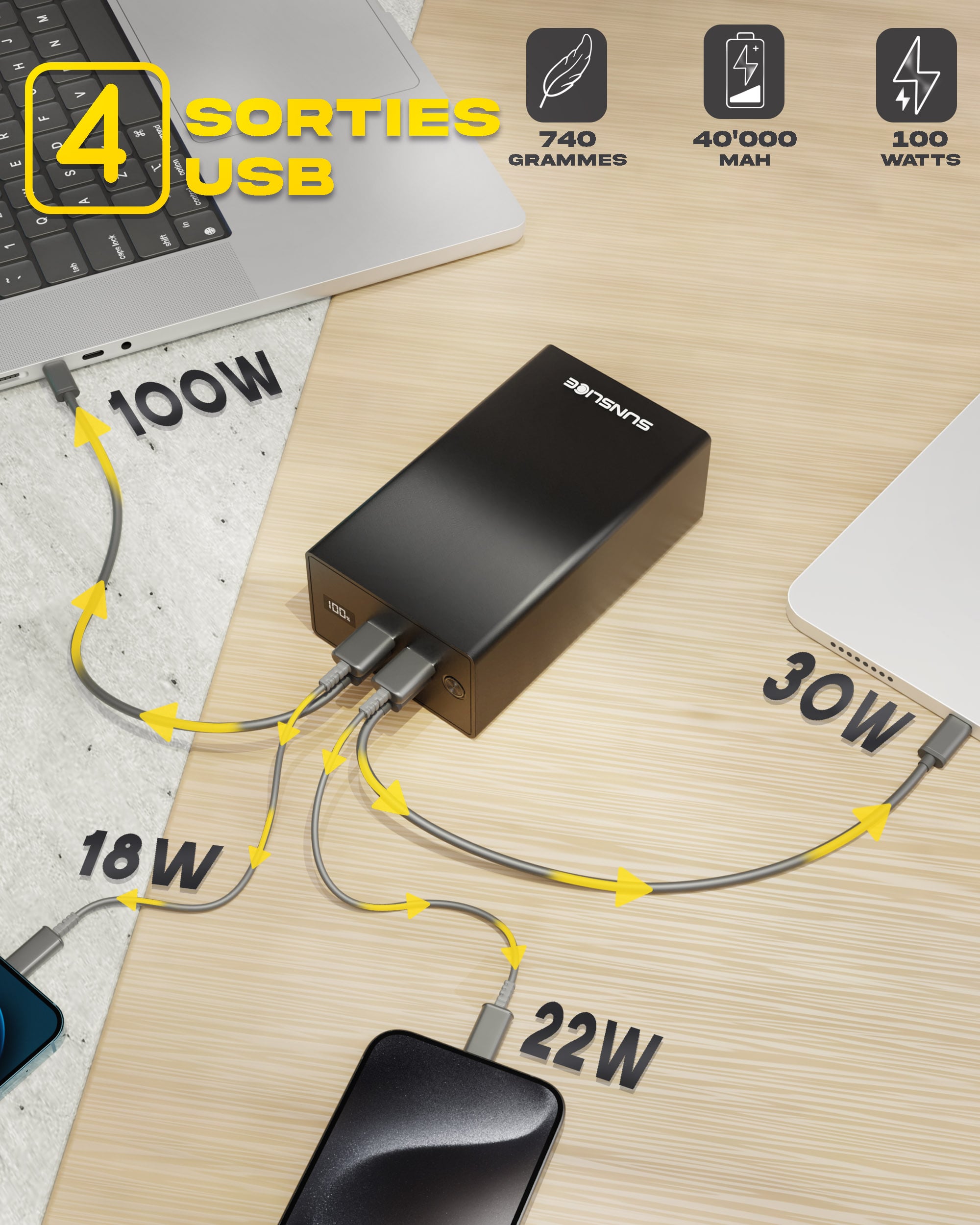 banque d'alimentation pour ordinateur portable avec 4 sorties USB - Poids : 740g, Capacité : 40000 mAh 