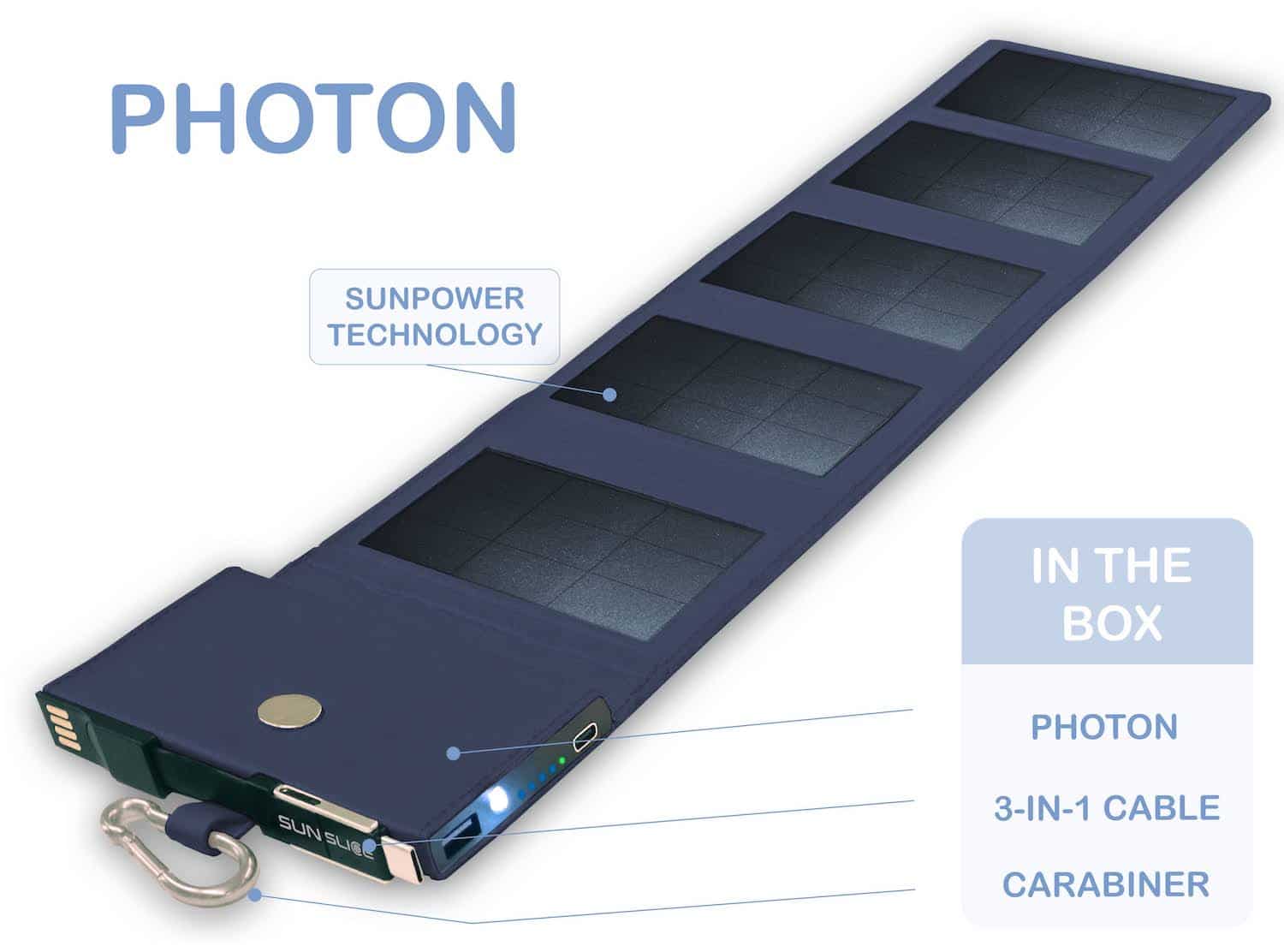 photon chargeur solaire bleu Batterie Externe sur fond blanc avec spécifications