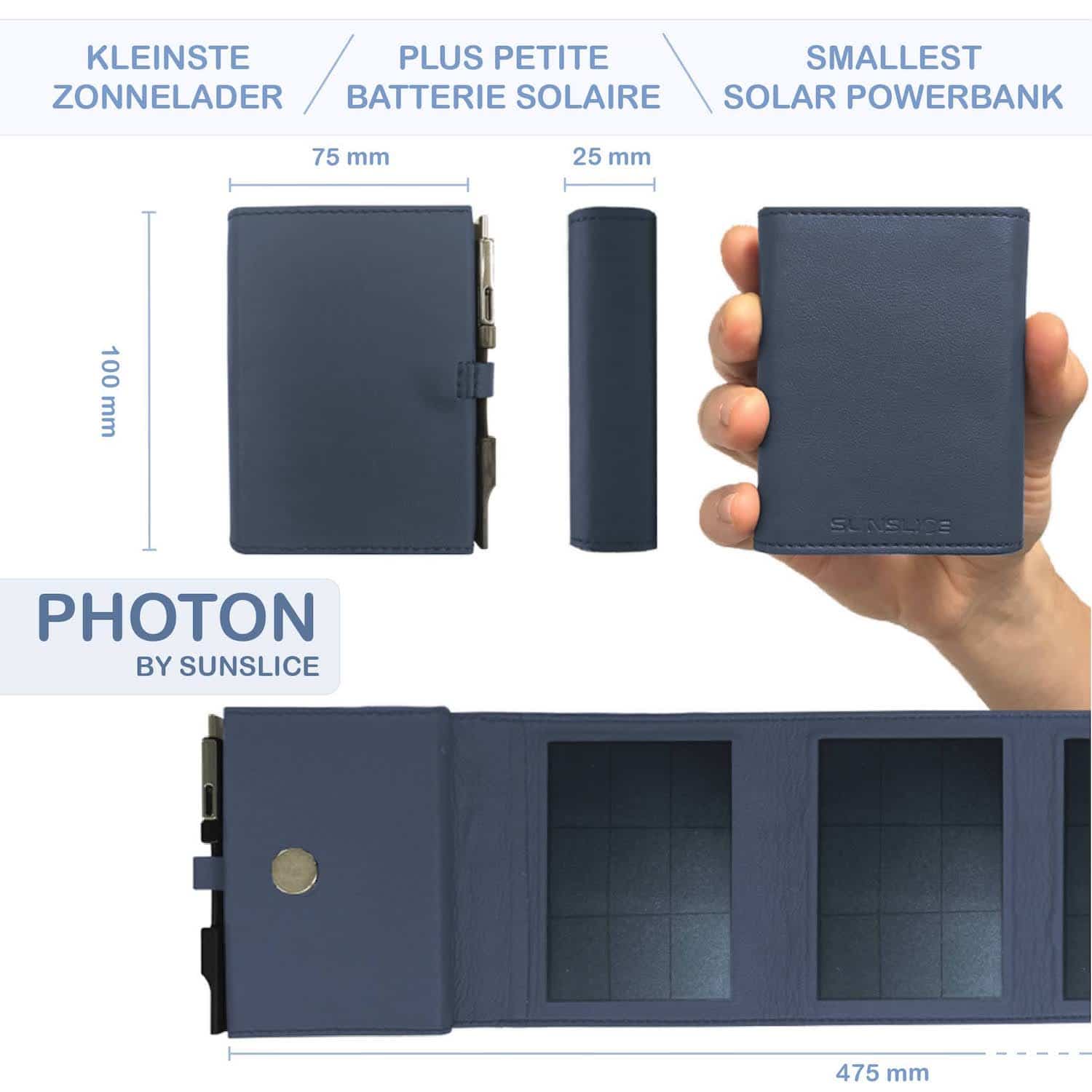 photon bleu Solarladegerät Powerbank mit Ansichten aus allen Blickwinkeln und Abmessungen