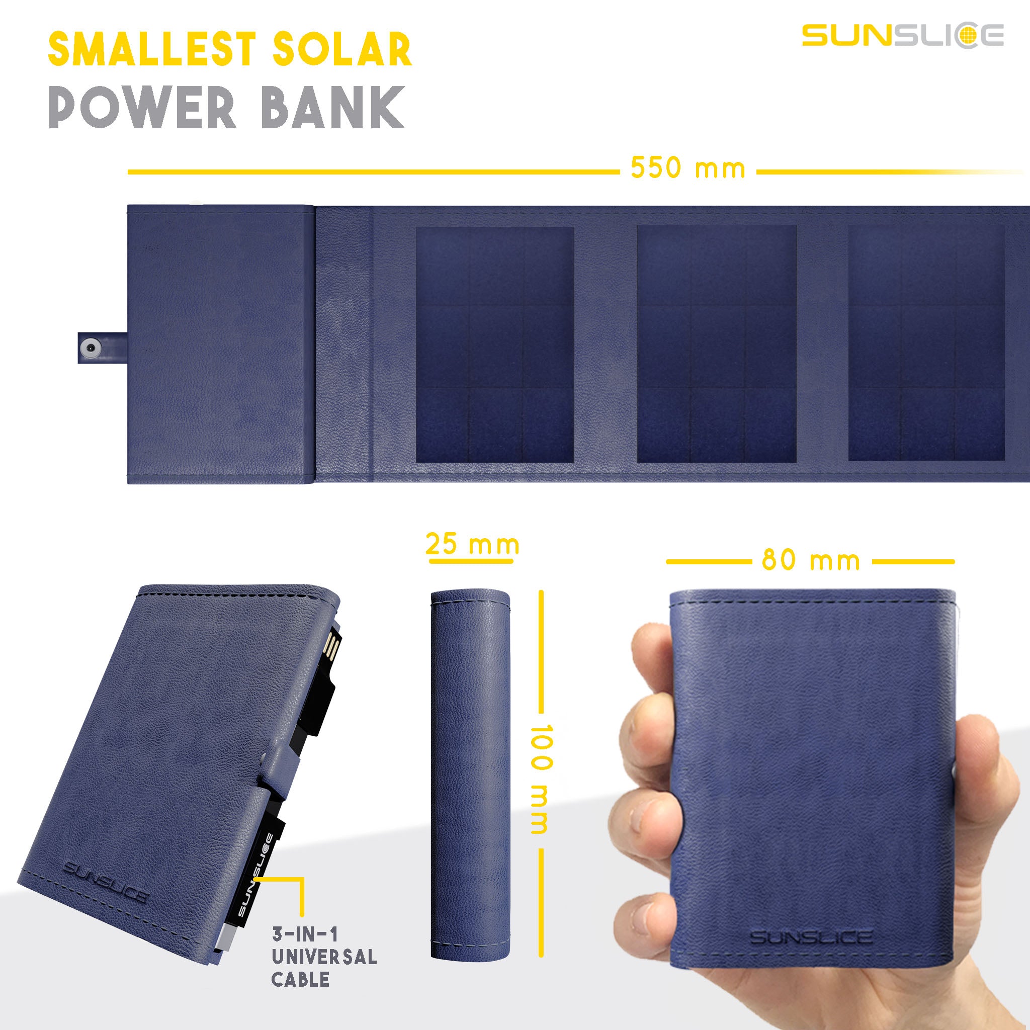 Technische Daten photon kleinste solar power bank. Größe: geschlossen: 100mm, 25mm, 80mm. Offen: 550mm, 3mm, 80mm