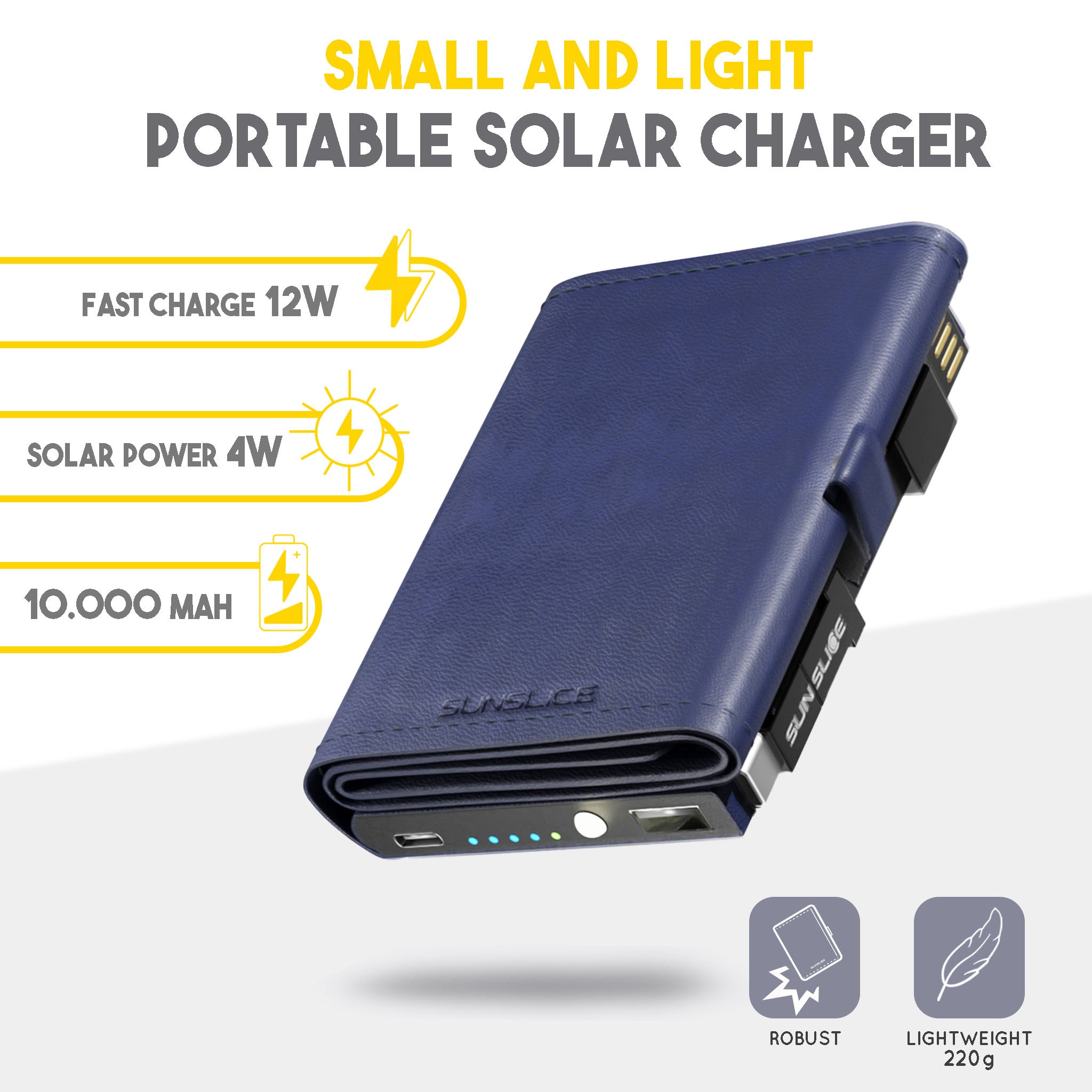 Small and light portable solar charger. Floating closed photon in the middle of the image